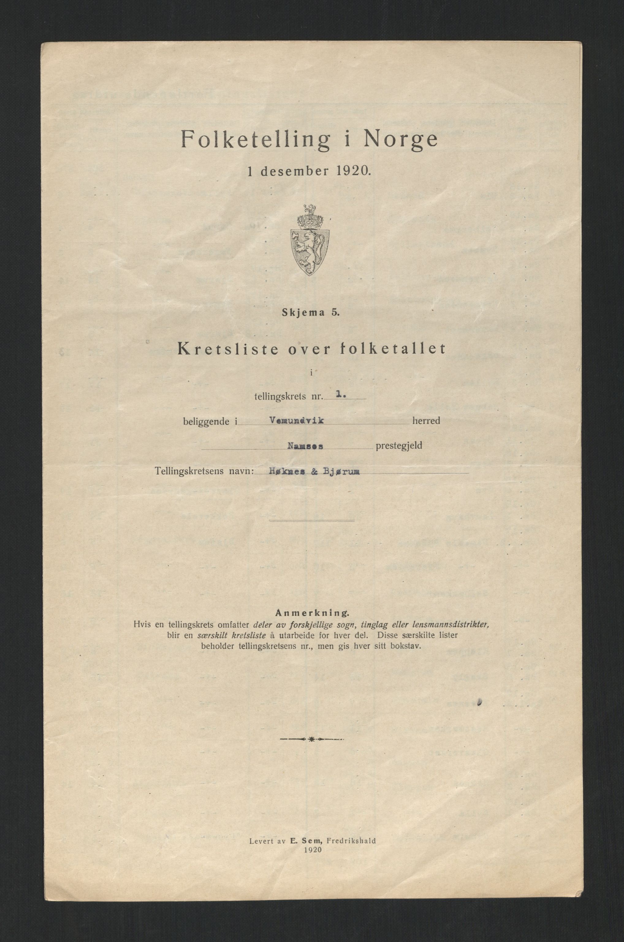 SAT, 1920 census for Vemundvik, 1920, p. 7