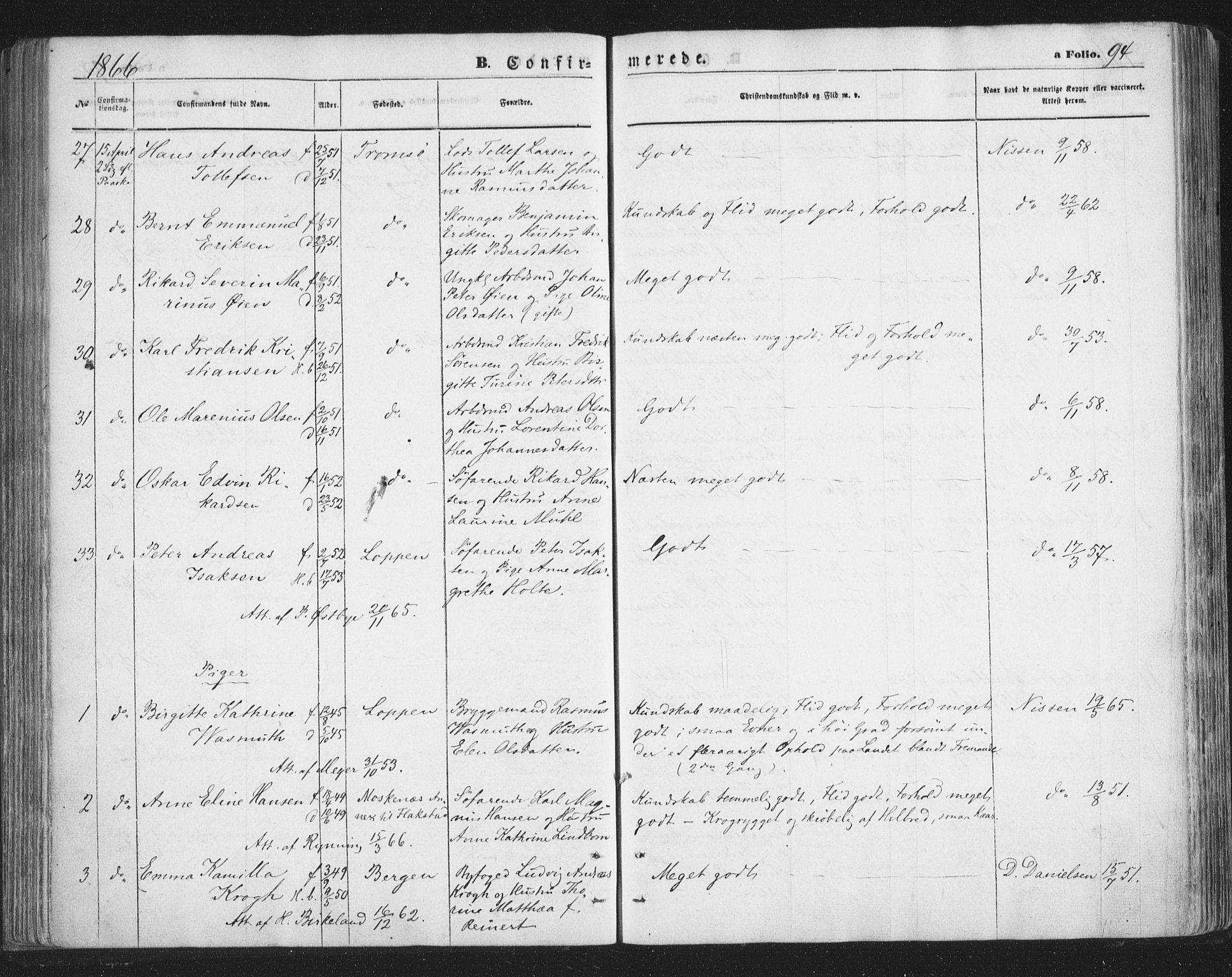 Tromsø sokneprestkontor/stiftsprosti/domprosti, AV/SATØ-S-1343/G/Ga/L0012kirke: Parish register (official) no. 12, 1865-1871, p. 94