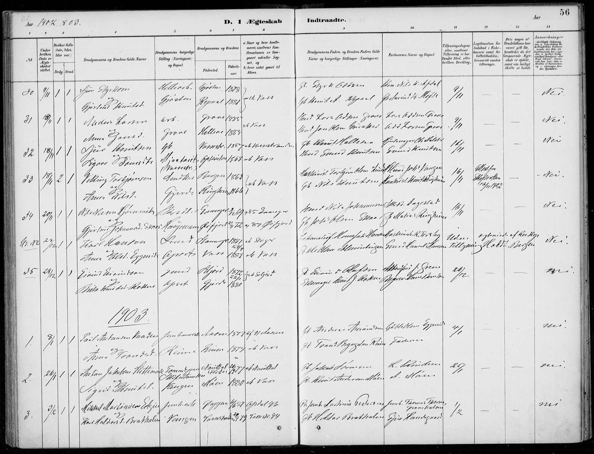 Voss sokneprestembete, AV/SAB-A-79001/H/Haa: Parish register (official) no. C  1, 1887-1915, p. 56