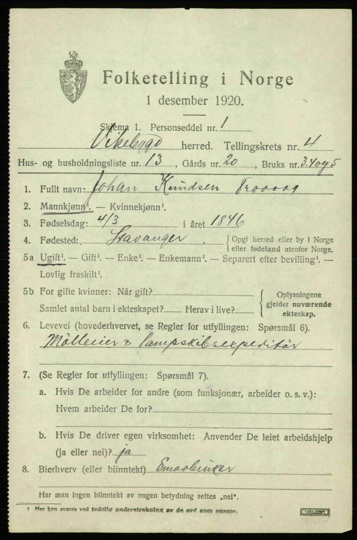 SAB, 1920 census for Vikebygd, 1920, p. 1685