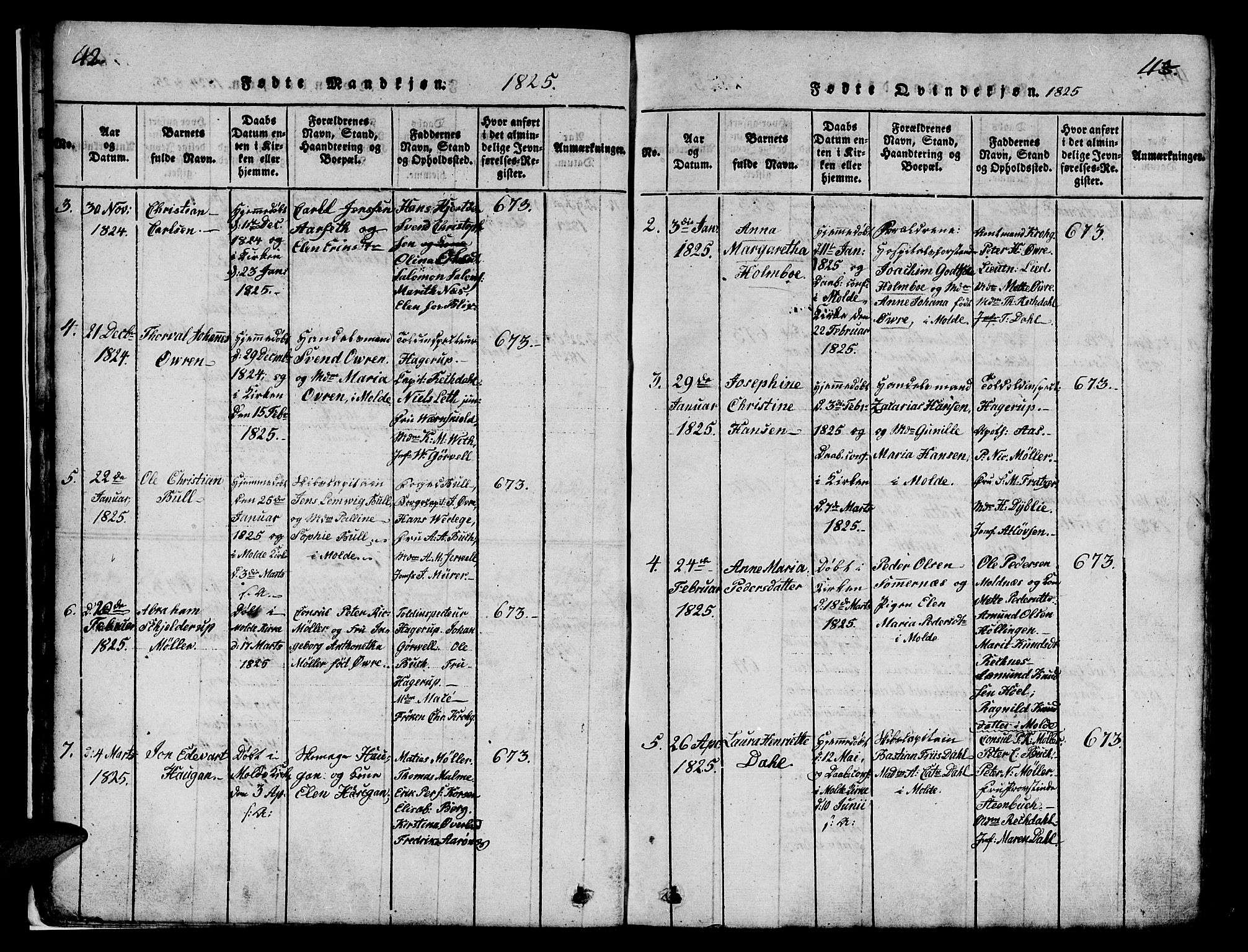 Ministerialprotokoller, klokkerbøker og fødselsregistre - Møre og Romsdal, SAT/A-1454/558/L0700: Parish register (copy) no. 558C01, 1818-1868, p. 42-43