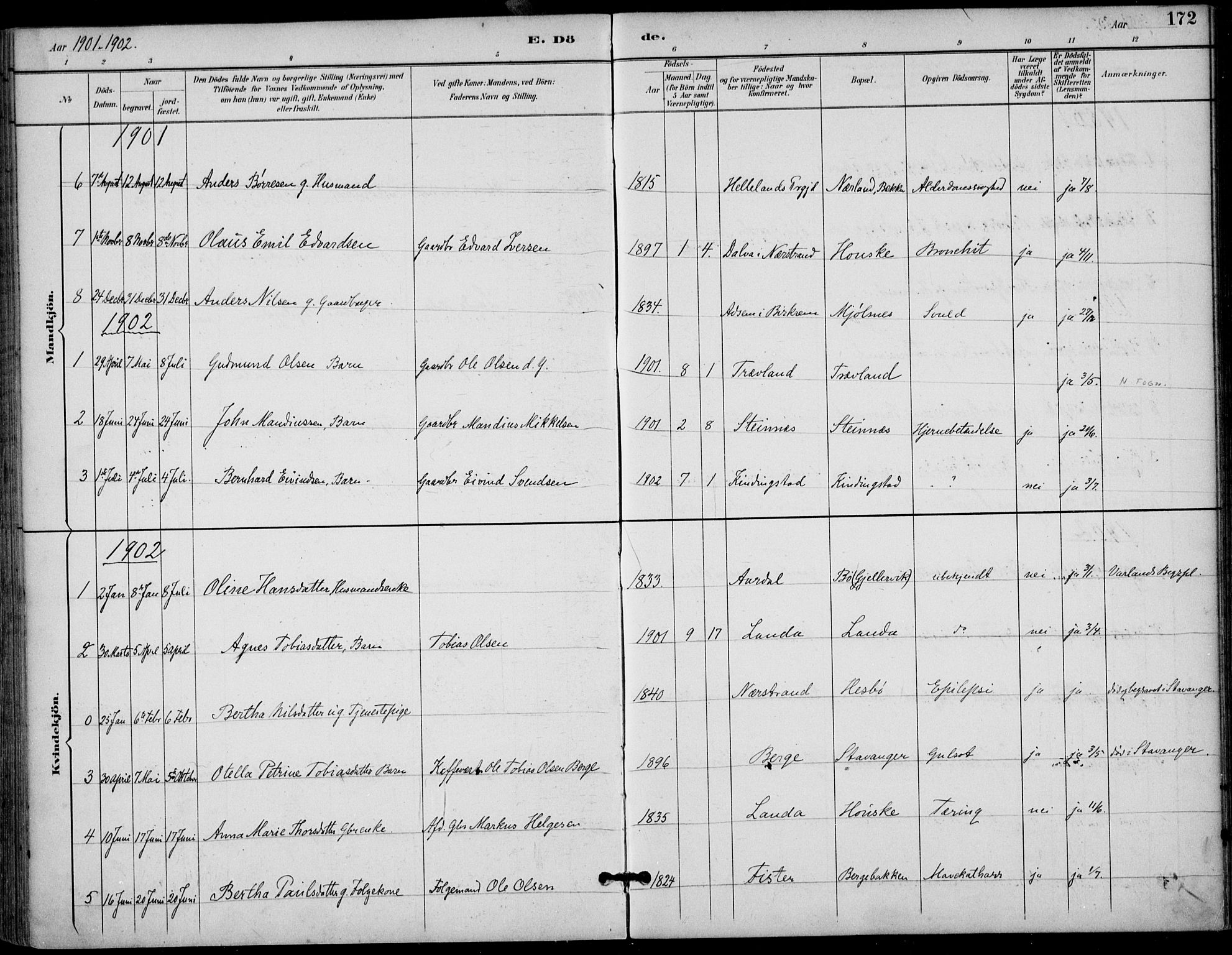 Finnøy sokneprestkontor, AV/SAST-A-101825/H/Ha/Haa/L0011: Parish register (official) no. A 11, 1891-1910, p. 172