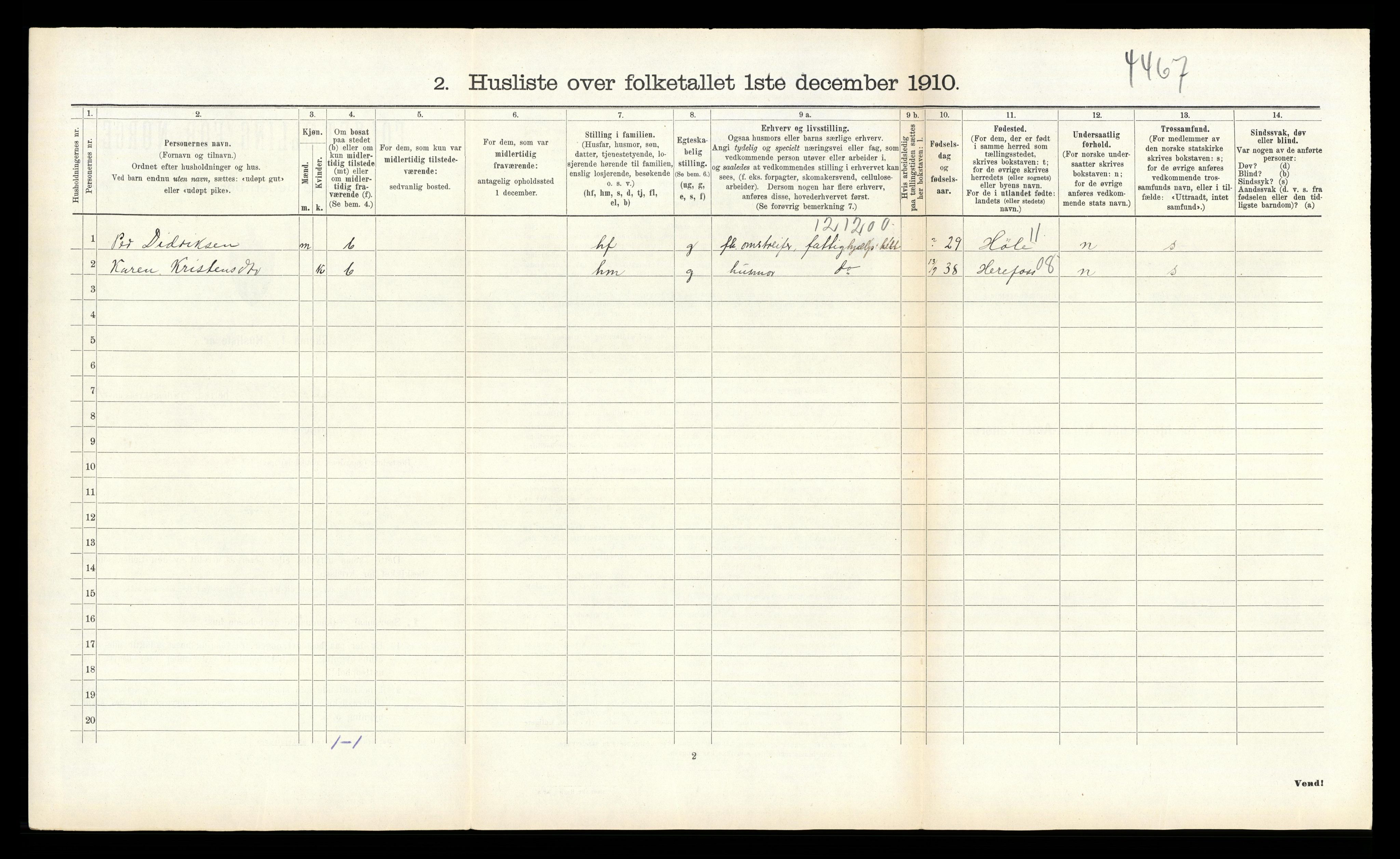 RA, 1910 census for Vegusdal, 1910, p. 212