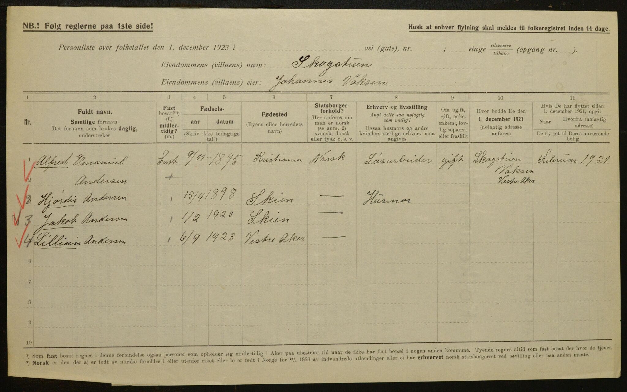 , Municipal Census 1923 for Aker, 1923, p. 315