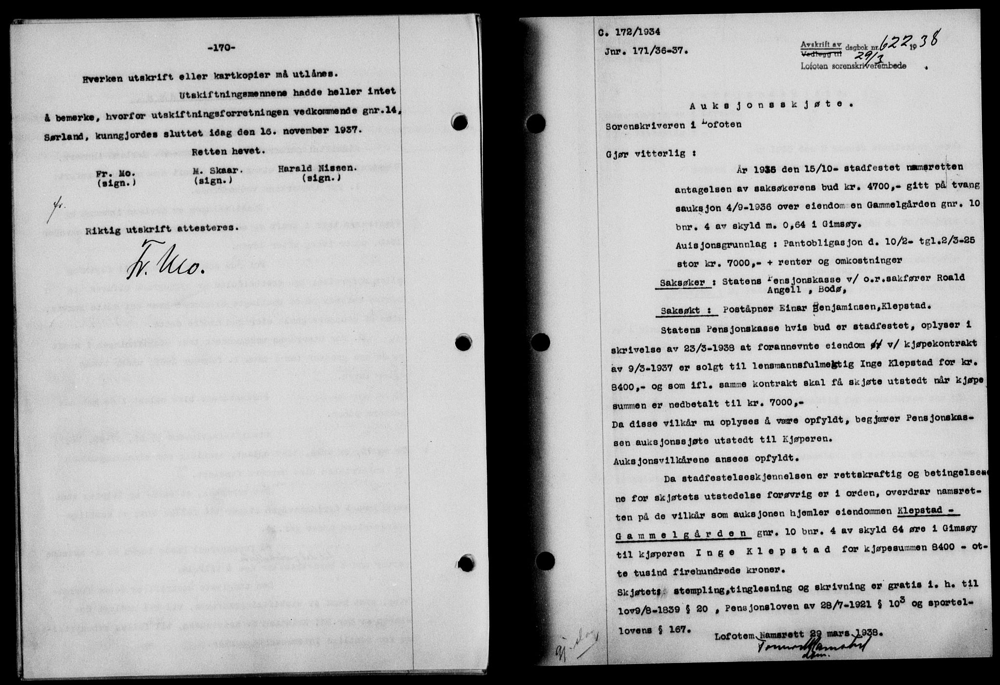 Lofoten sorenskriveri, SAT/A-0017/1/2/2C/L0003a: Mortgage book no. 3a, 1937-1938, Diary no: : 622/1938