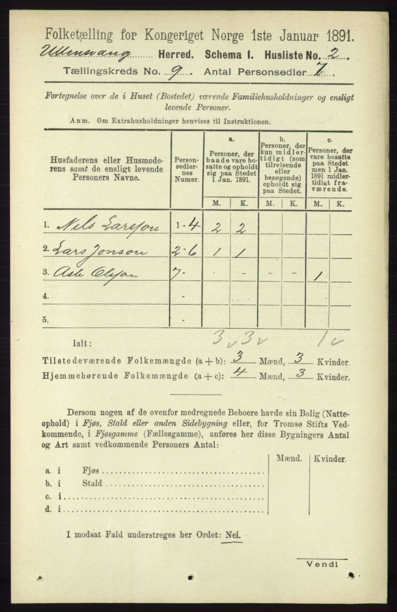 RA, 1891 census for 1230 Ullensvang, 1891, p. 3072