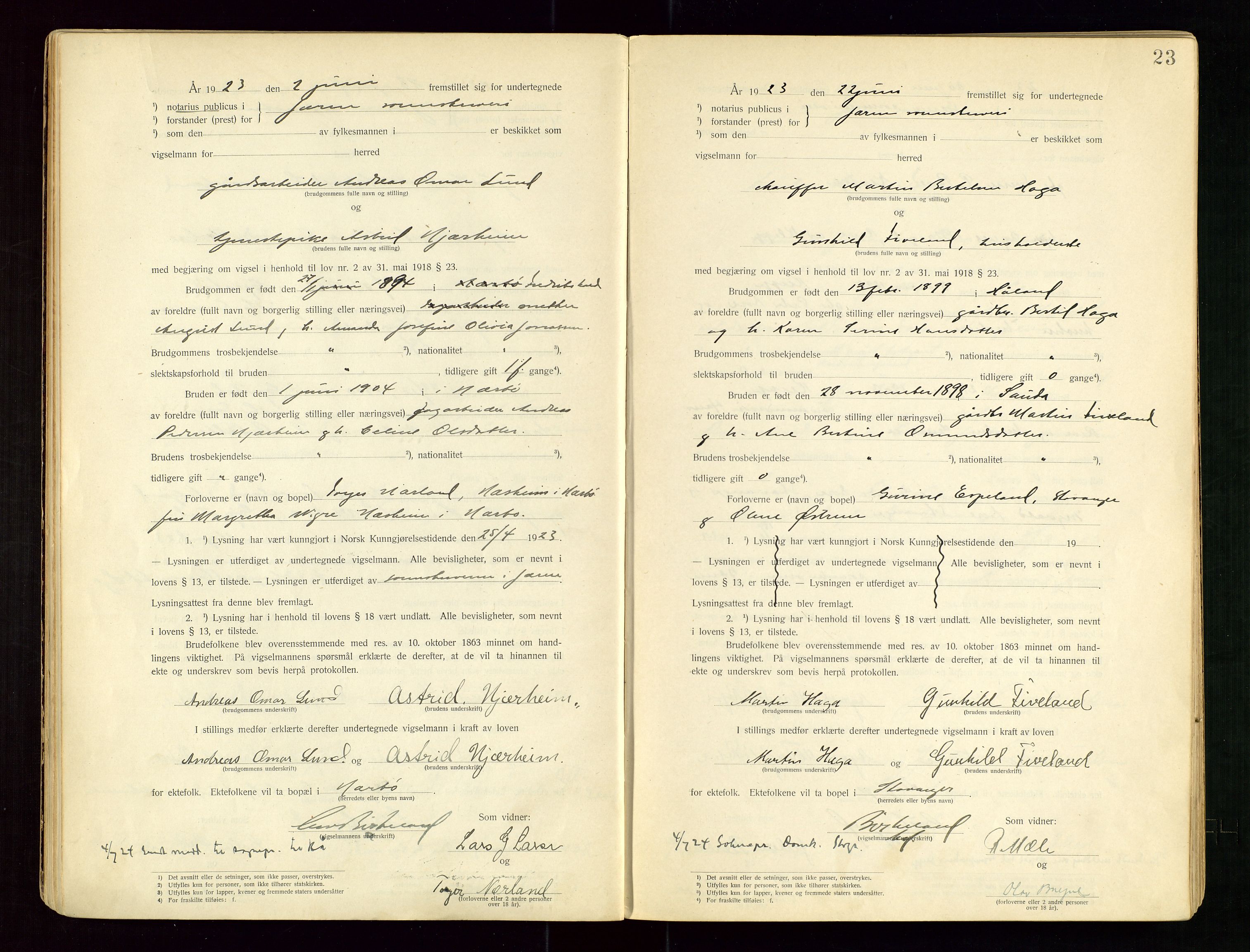 Jæren sorenskriveri, AV/SAST-A-100310/01/6/62/62BA/L0001: VIGSELSPROTOKOLL, 1920-1937, p. 23