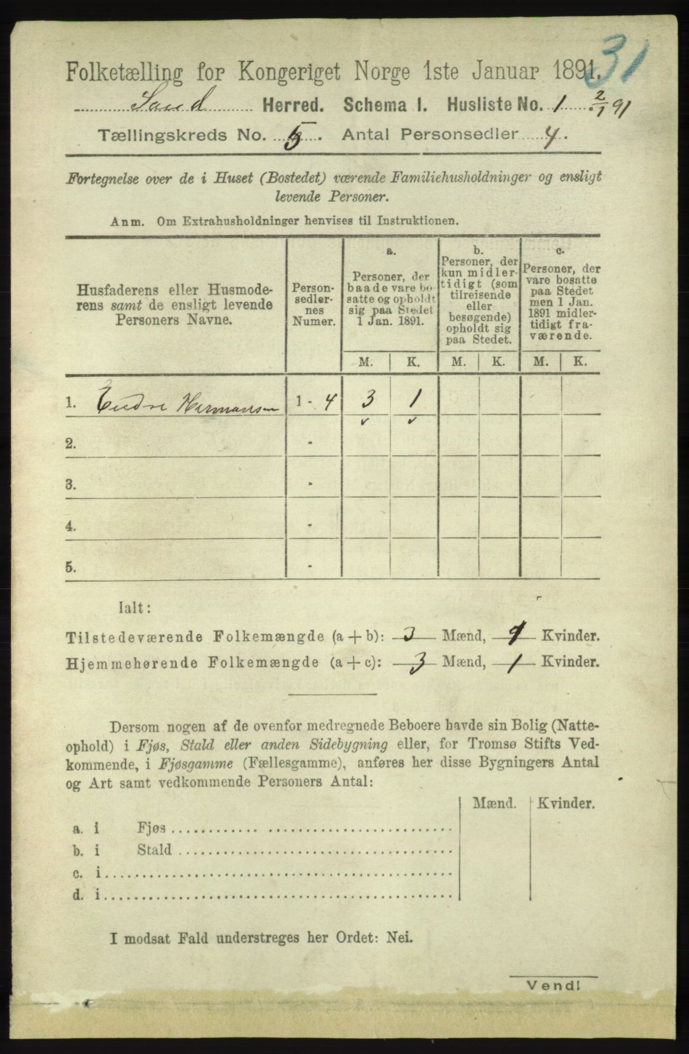 RA, 1891 census for 1136 Sand, 1891, p. 1485