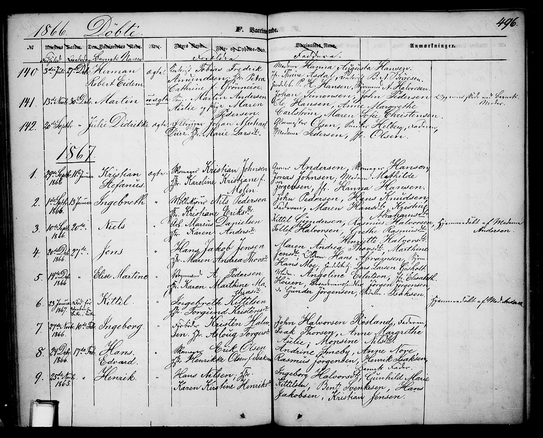 Skien kirkebøker, SAKO/A-302/G/Ga/L0004: Parish register (copy) no. 4, 1843-1867, p. 496
