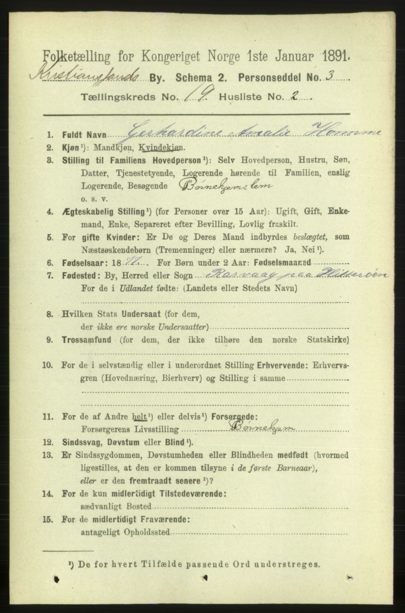 RA, 1891 census for 1001 Kristiansand, 1891, p. 7297