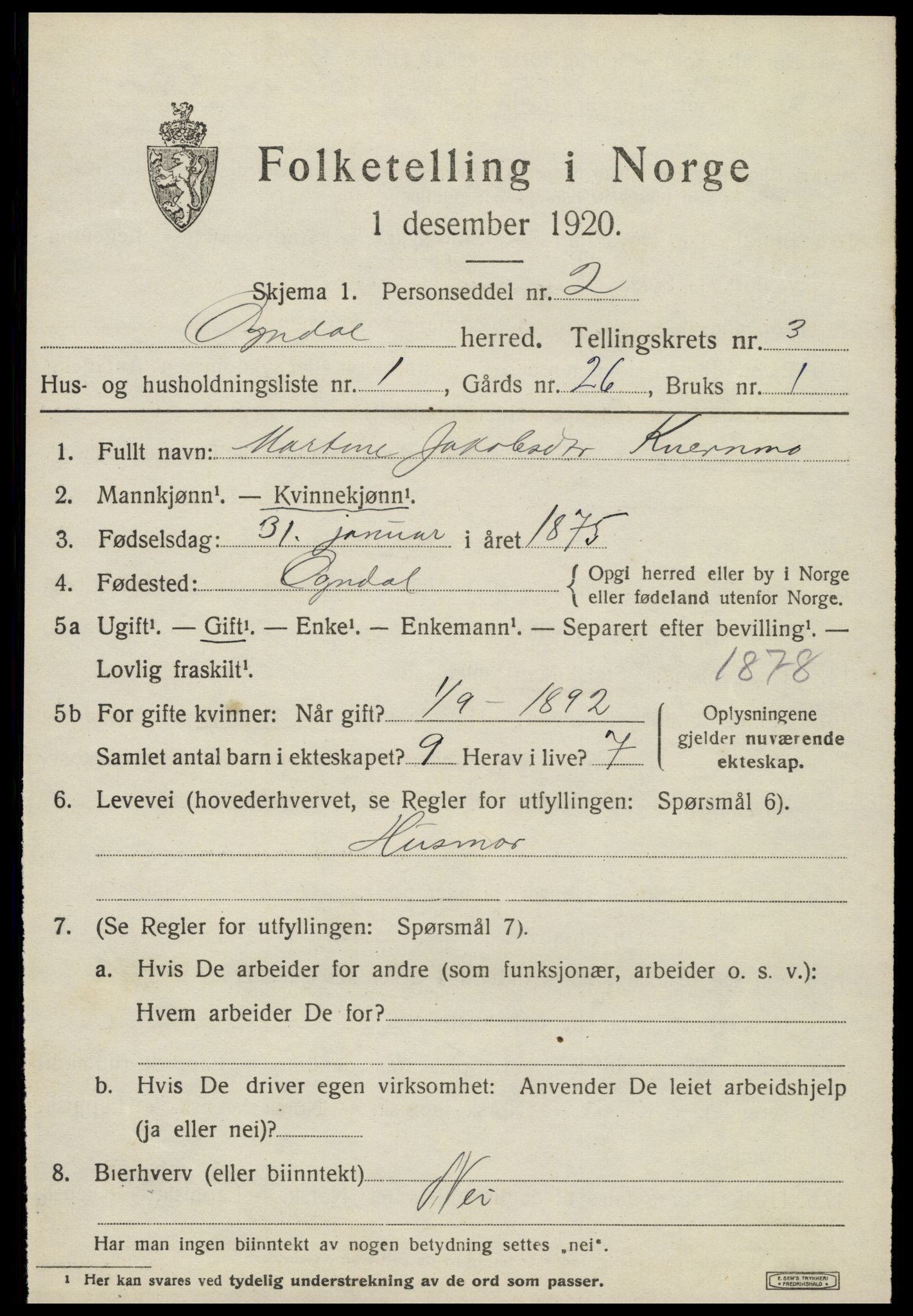 SAT, 1920 census for Ogndal, 1920, p. 1169