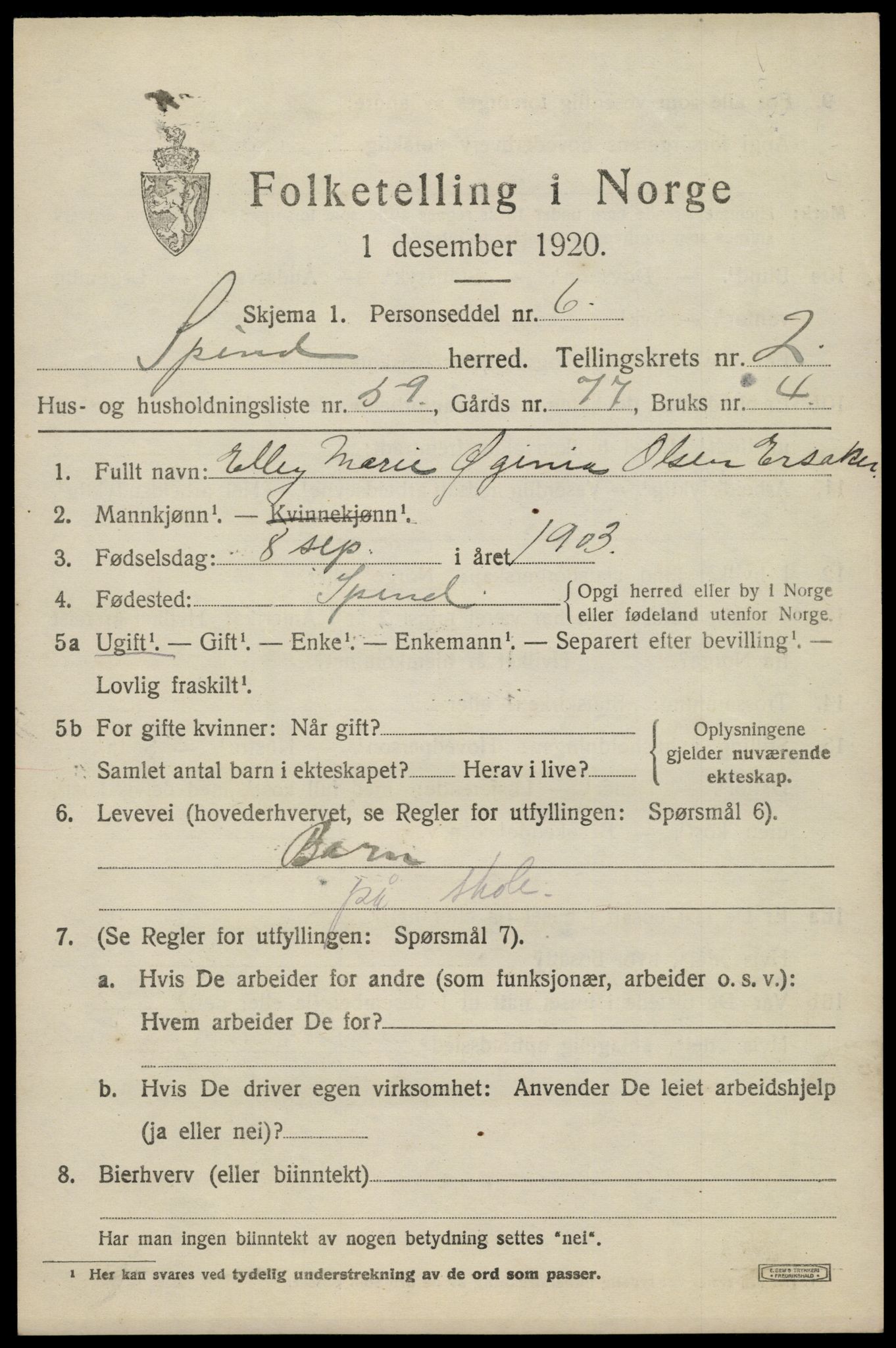 SAK, 1920 census for Spind, 1920, p. 1623