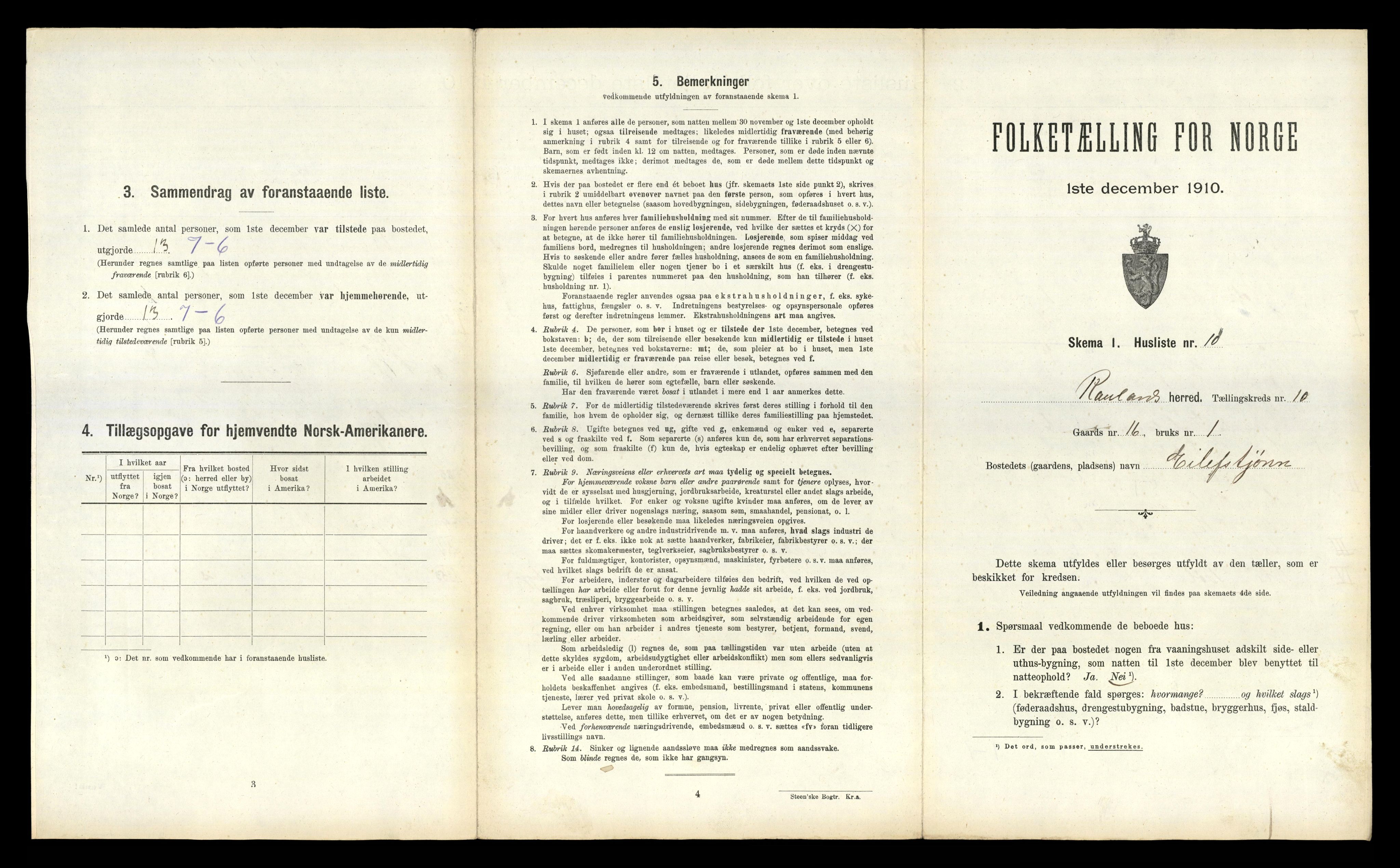 RA, 1910 census for Rauland, 1910, p. 355