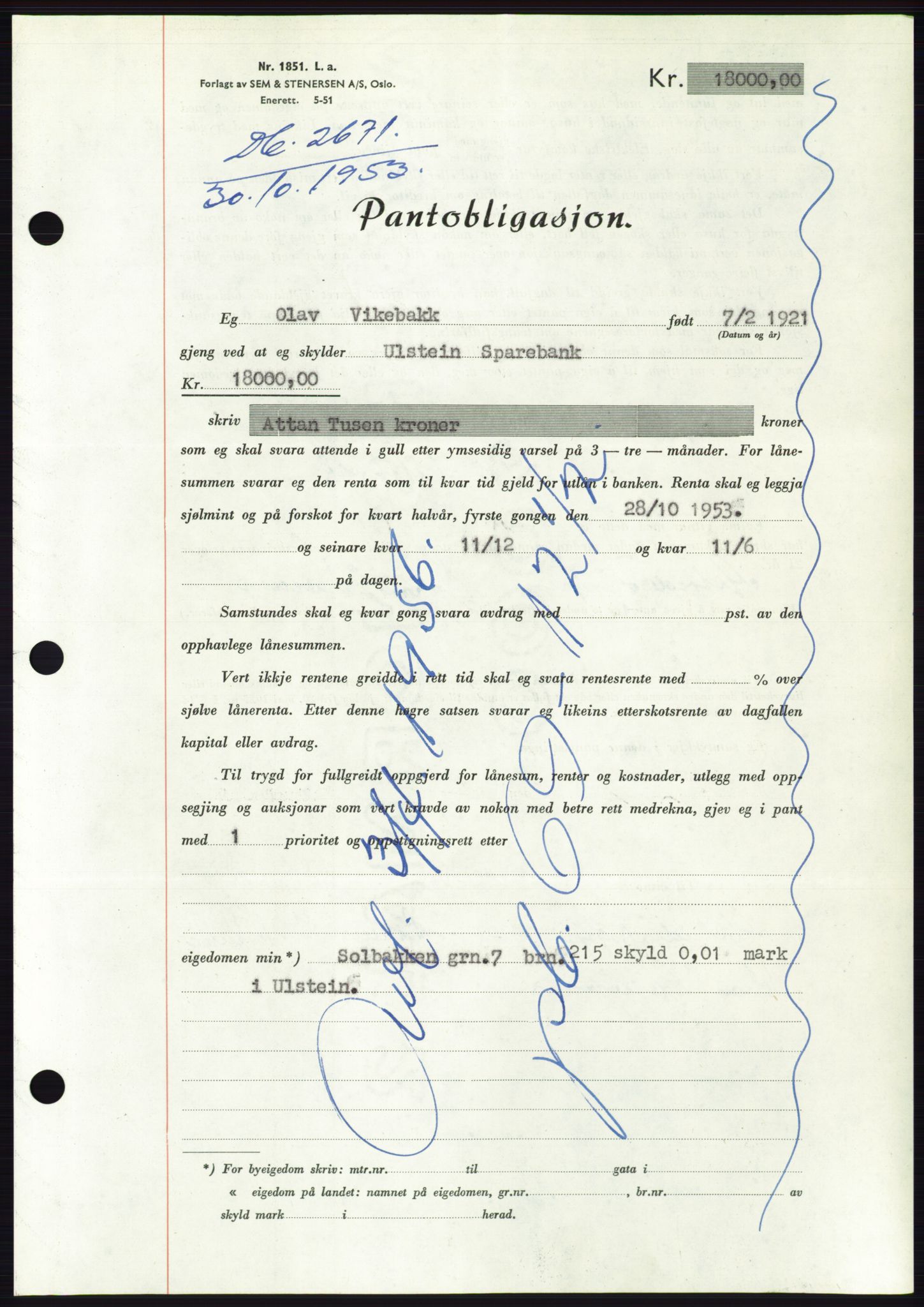 Søre Sunnmøre sorenskriveri, AV/SAT-A-4122/1/2/2C/L0124: Mortgage book no. 12B, 1953-1954, Diary no: : 2671/1953