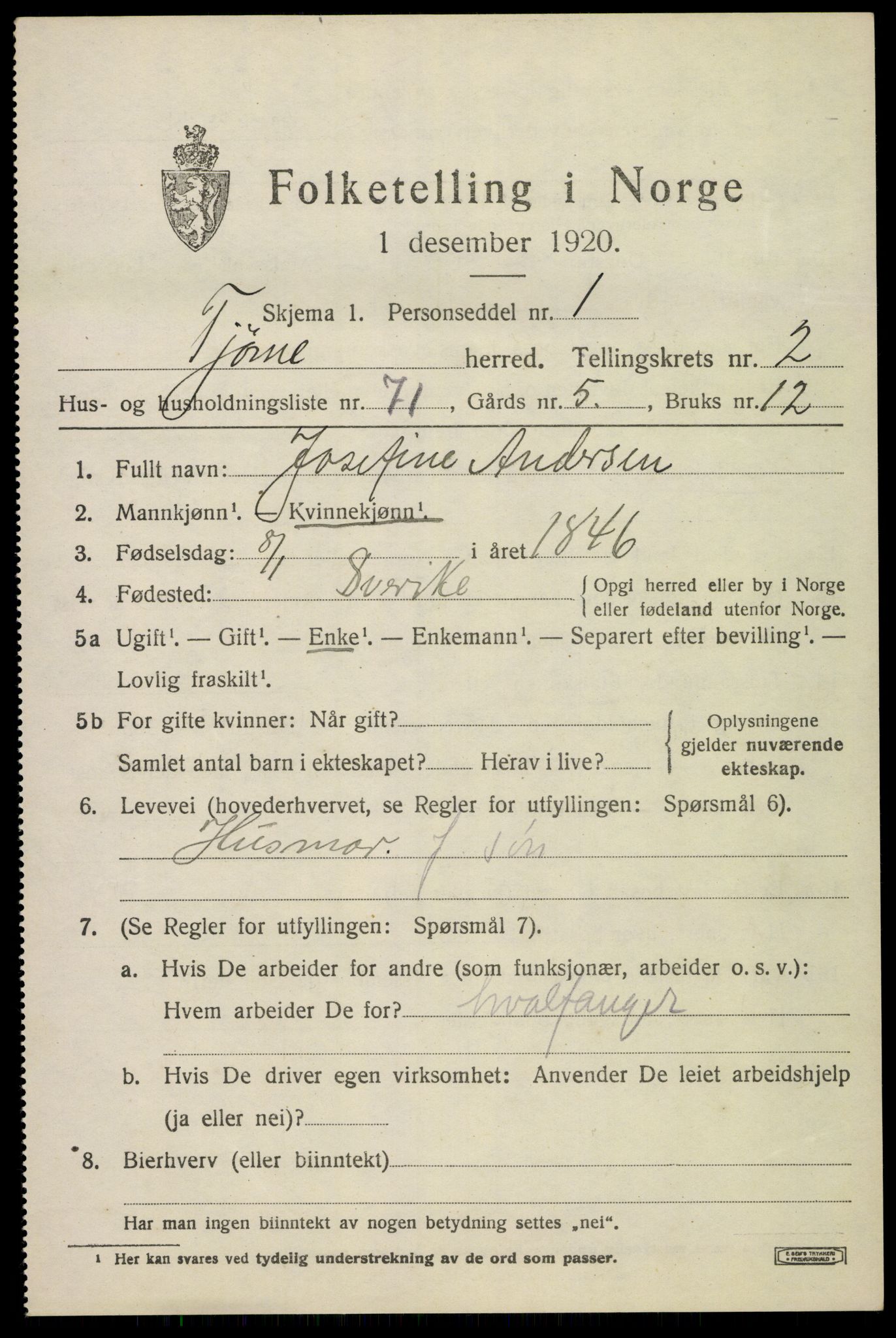 SAKO, 1920 census for Tjøme, 1920, p. 3443