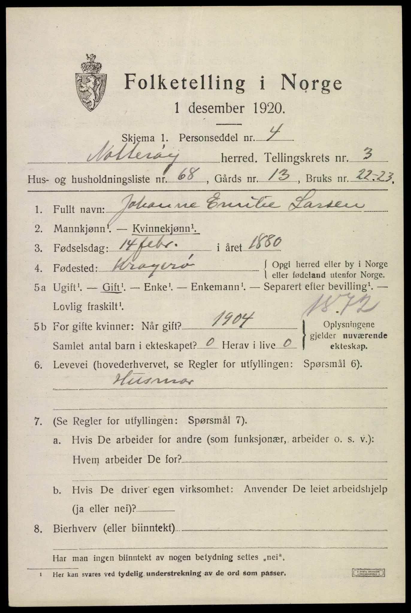 SAKO, 1920 census for Nøtterøy, 1920, p. 6279
