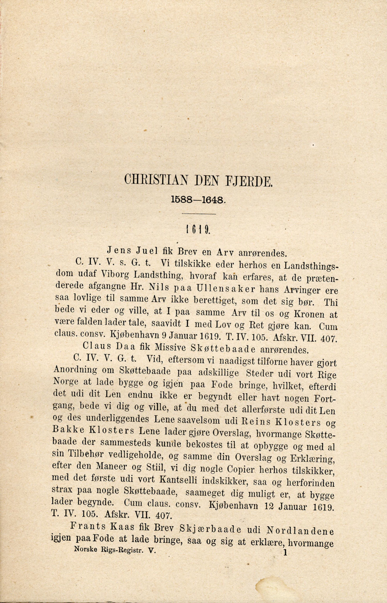 Publikasjoner utgitt av Det Norske Historiske Kildeskriftfond, PUBL/-/-/-: Norske Rigs-Registranter, bind 5, 1619-1627, p. 1