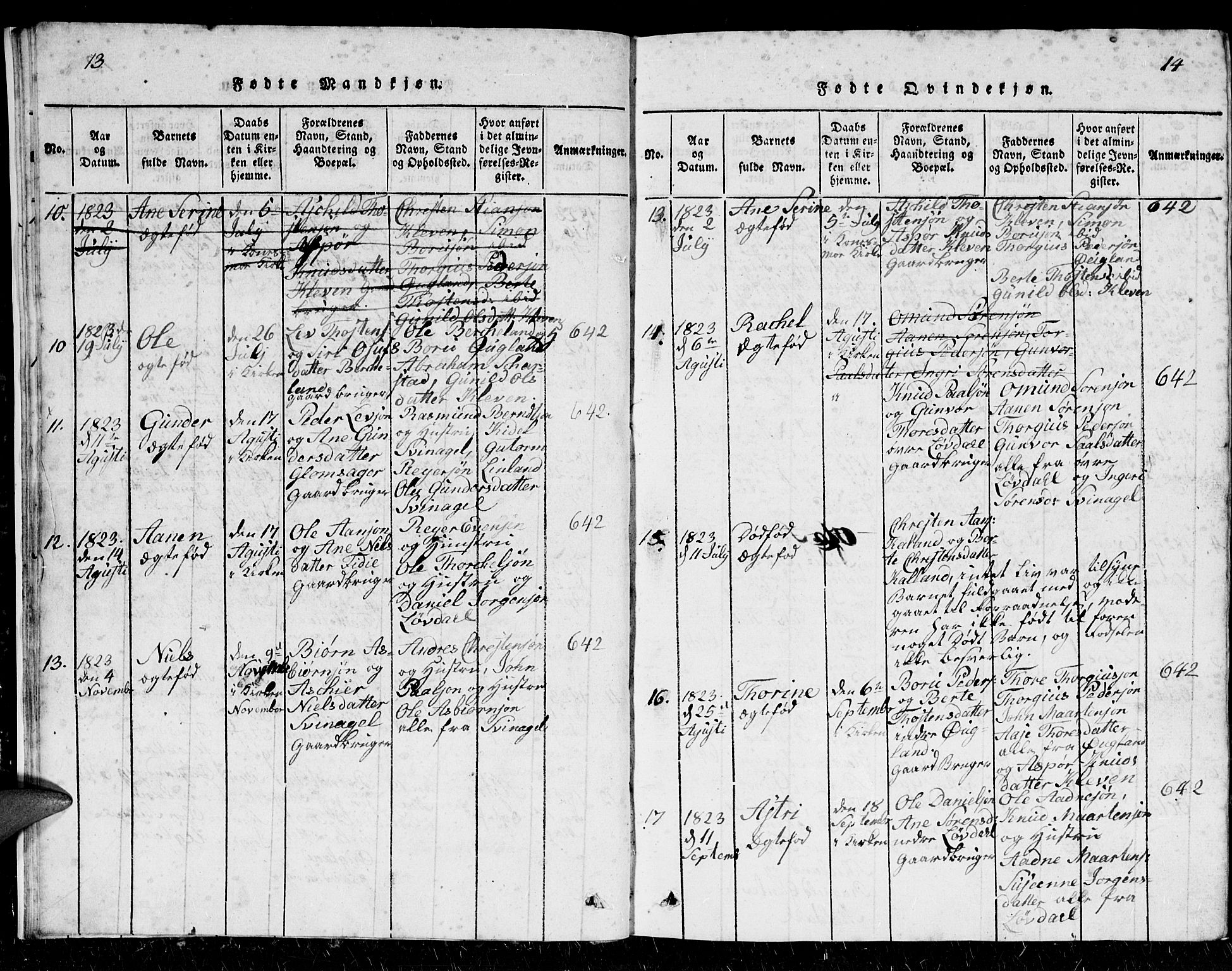 Holum sokneprestkontor, AV/SAK-1111-0022/F/Fb/Fbb/L0001: Parish register (copy) no. B 1, 1820-1847, p. 13-14