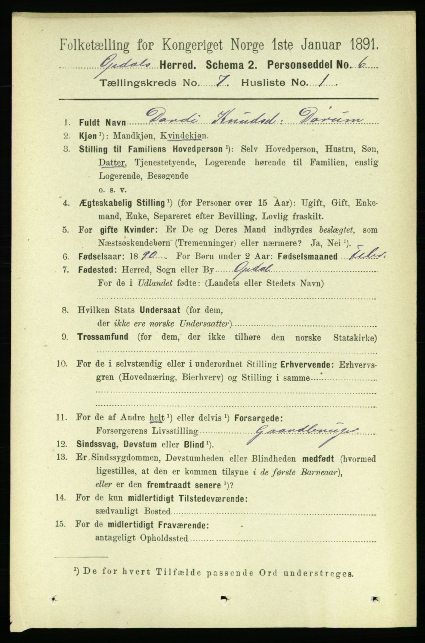 RA, 1891 census for 1634 Oppdal, 1891, p. 3503