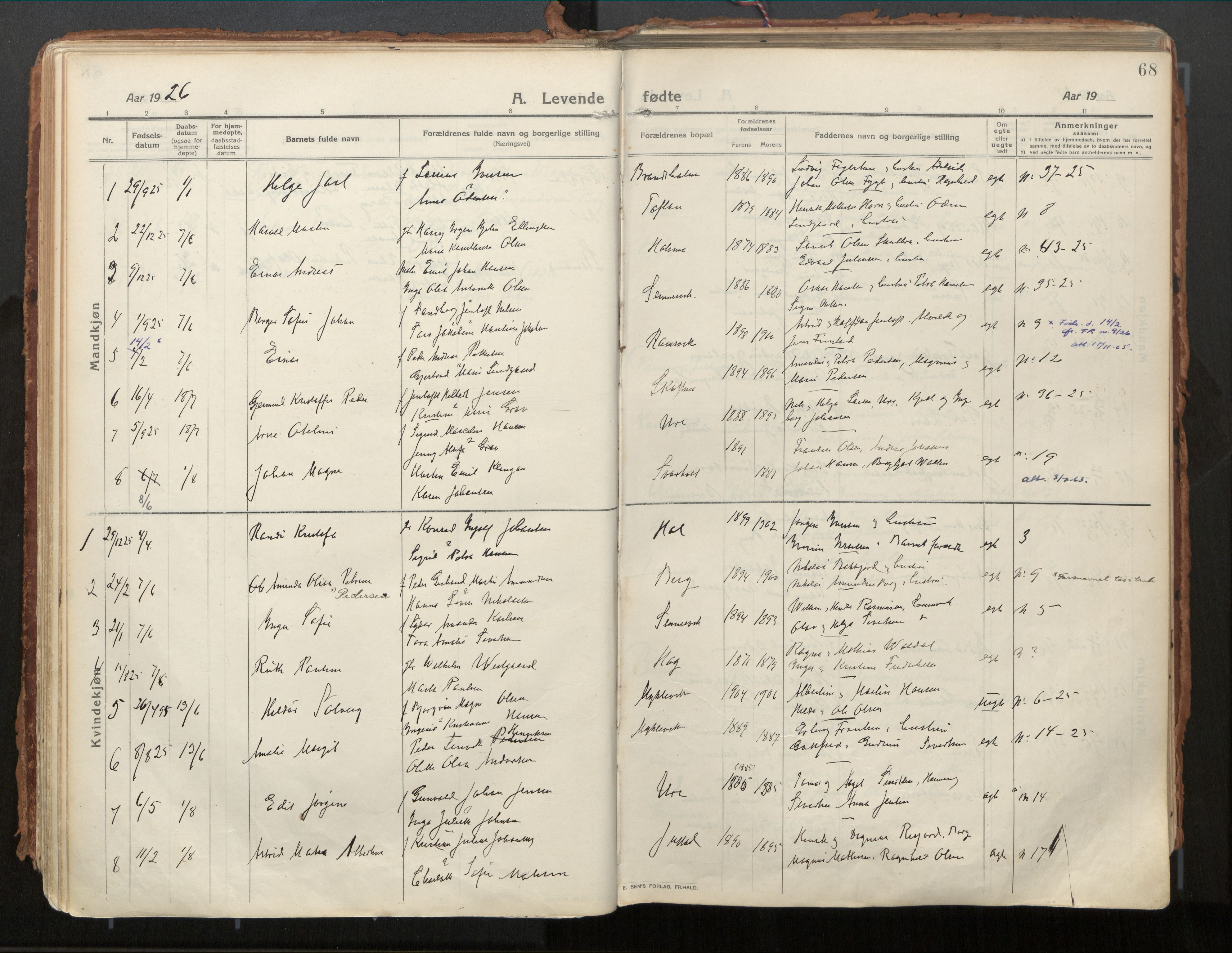 Ministerialprotokoller, klokkerbøker og fødselsregistre - Nordland, AV/SAT-A-1459/882/L1181: Parish register (official) no. 882A03, 1913-1937, p. 68