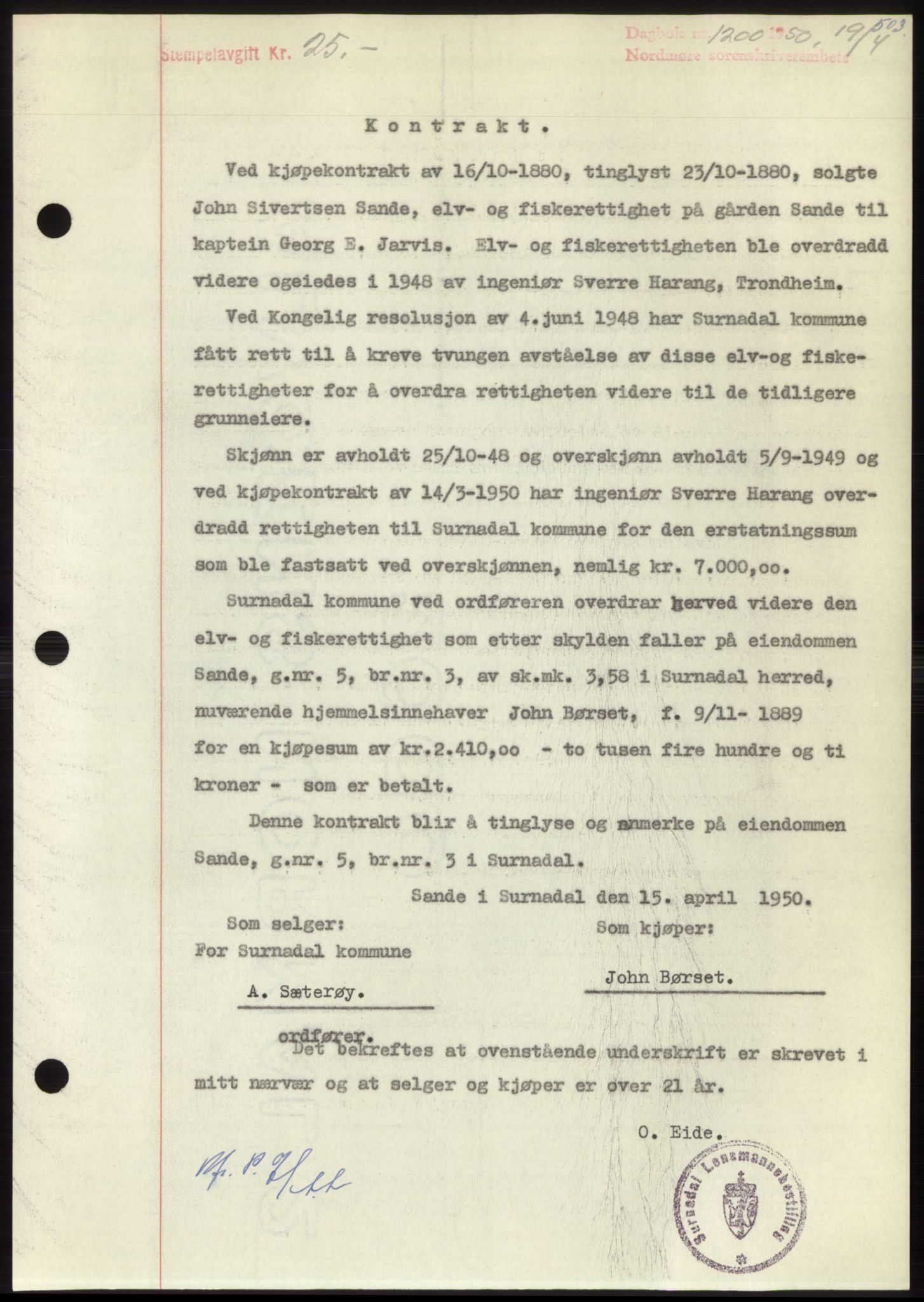 Nordmøre sorenskriveri, AV/SAT-A-4132/1/2/2Ca: Mortgage book no. B104, 1950-1950, Diary no: : 1200/1950