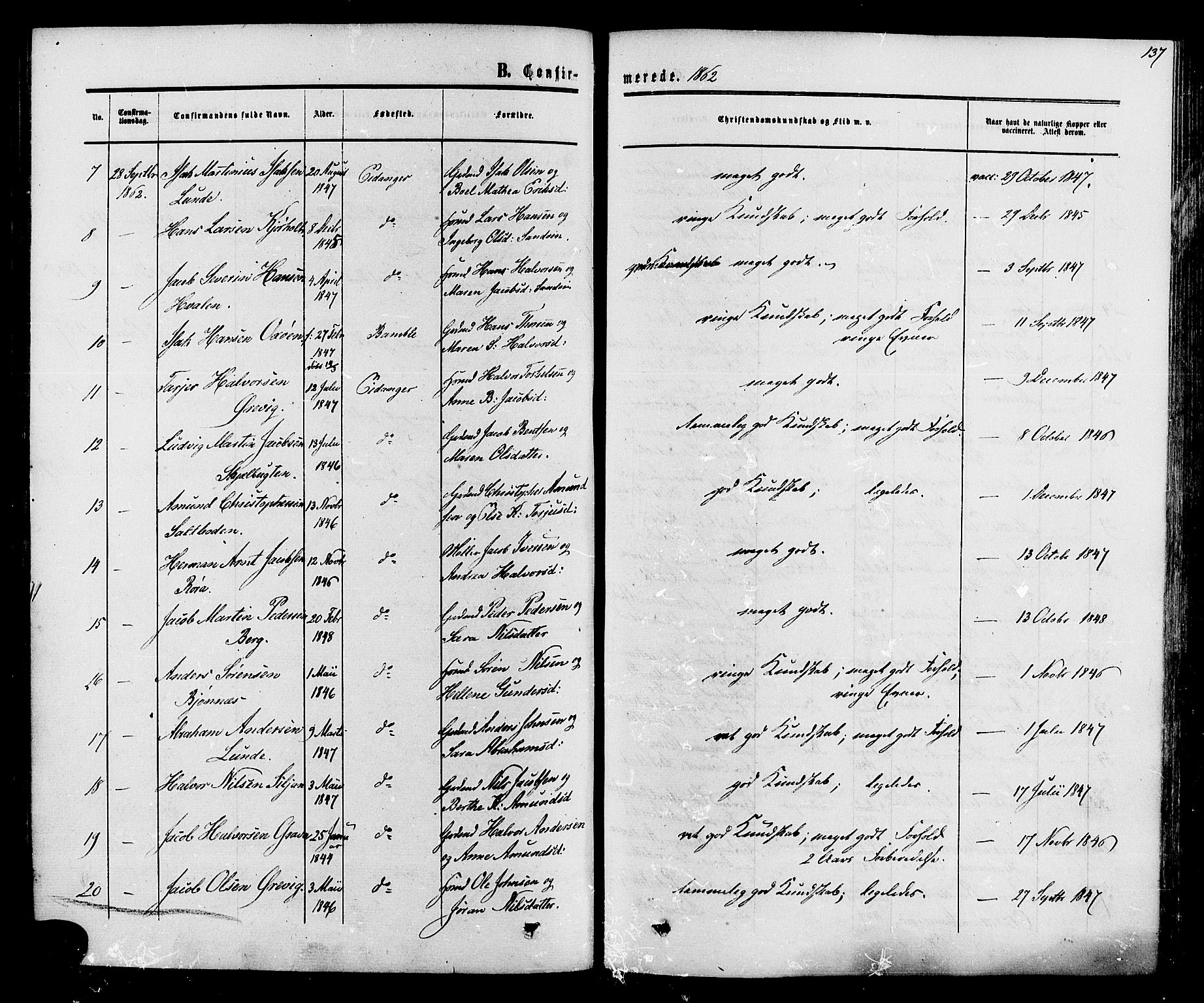 Eidanger kirkebøker, SAKO/A-261/F/Fa/L0010: Parish register (official) no. 10, 1859-1874, p. 137