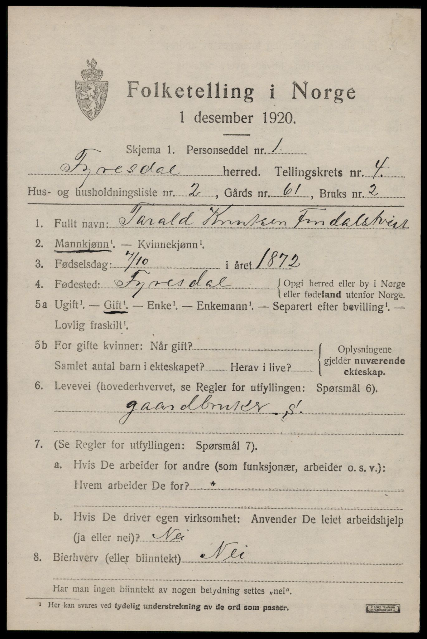 SAKO, 1920 census for Fyresdal, 1920, p. 1919