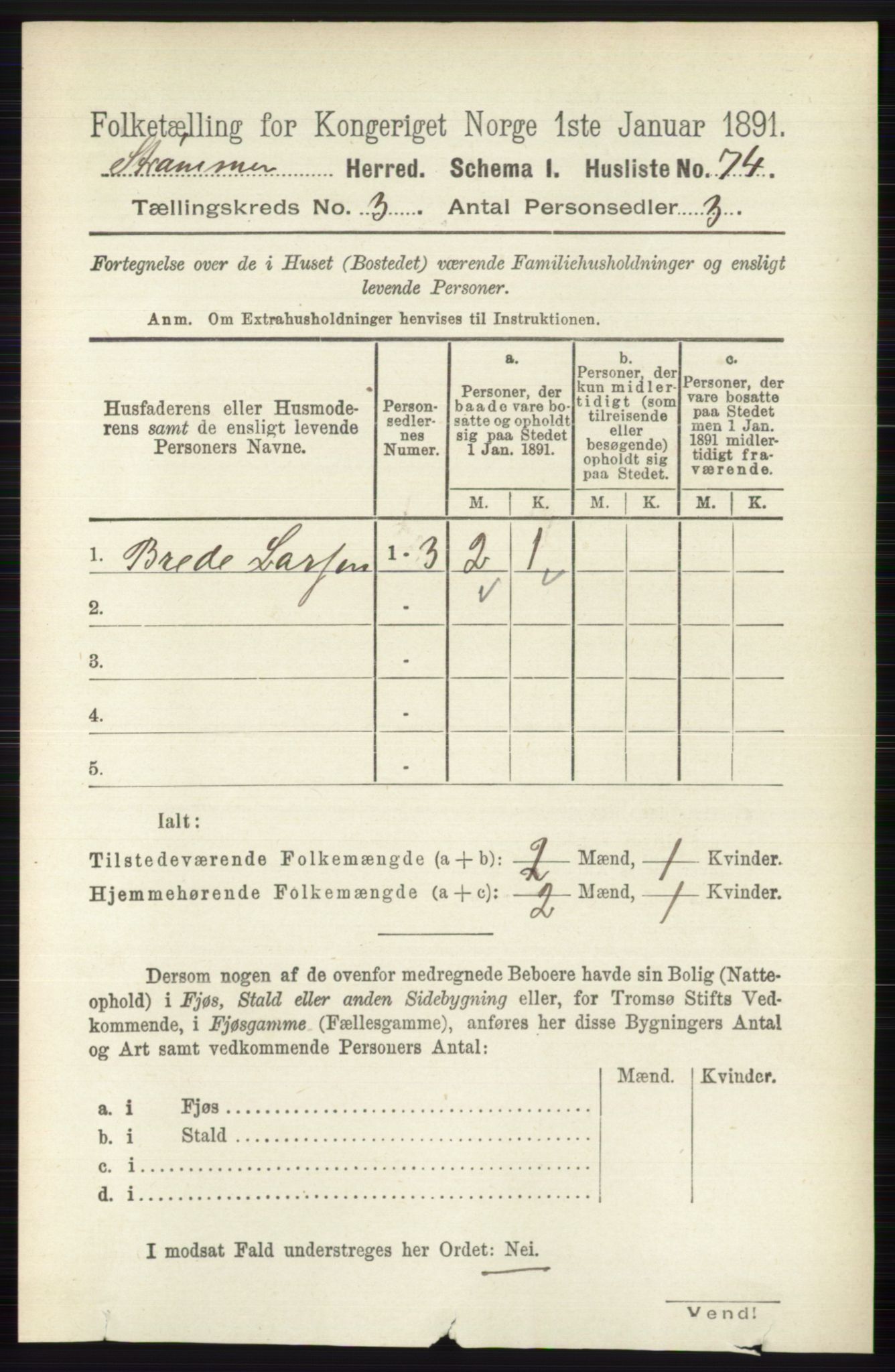 RA, 1891 census for 0711 Strømm, 1891, p. 1065