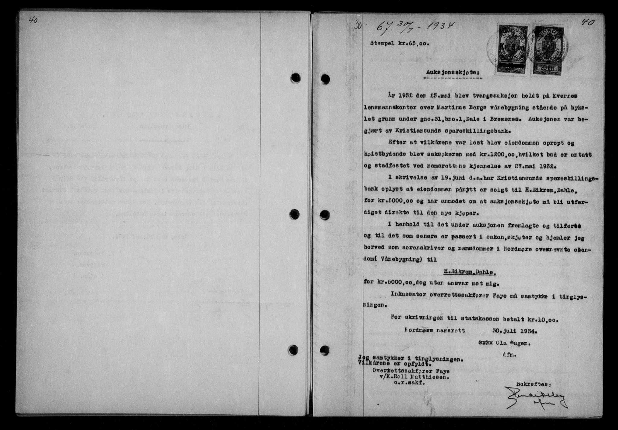 Nordmøre sorenskriveri, AV/SAT-A-4132/1/2/2Ca/L0082: Mortgage book no. 72, 1934-1934, Deed date: 30.07.1934