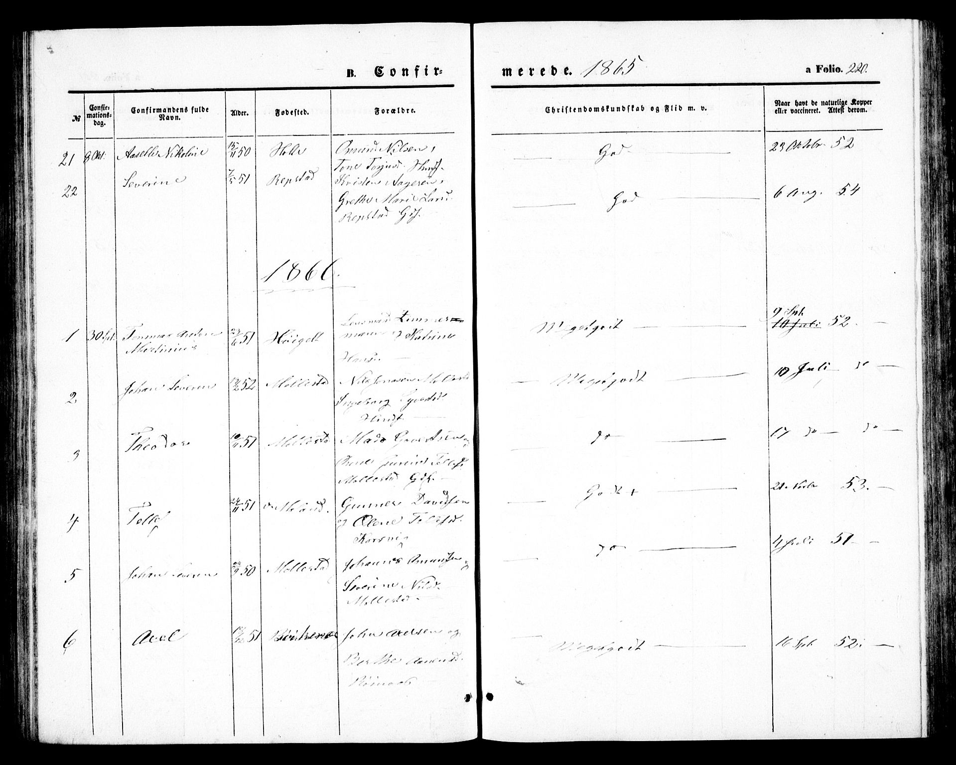 Birkenes sokneprestkontor, SAK/1111-0004/F/Fb/L0002: Parish register (copy) no. B 2, 1849-1876, p. 220