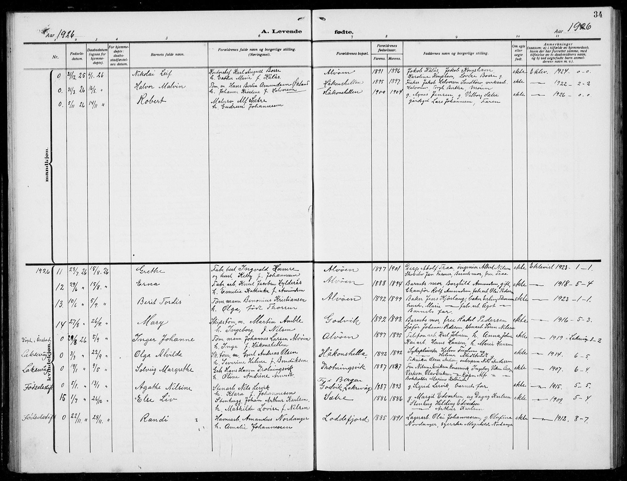 Loddefjord  sokneprestembete, AV/SAB-A-99928: Parish register (copy) no. A  1, 1915-1934, p. 34