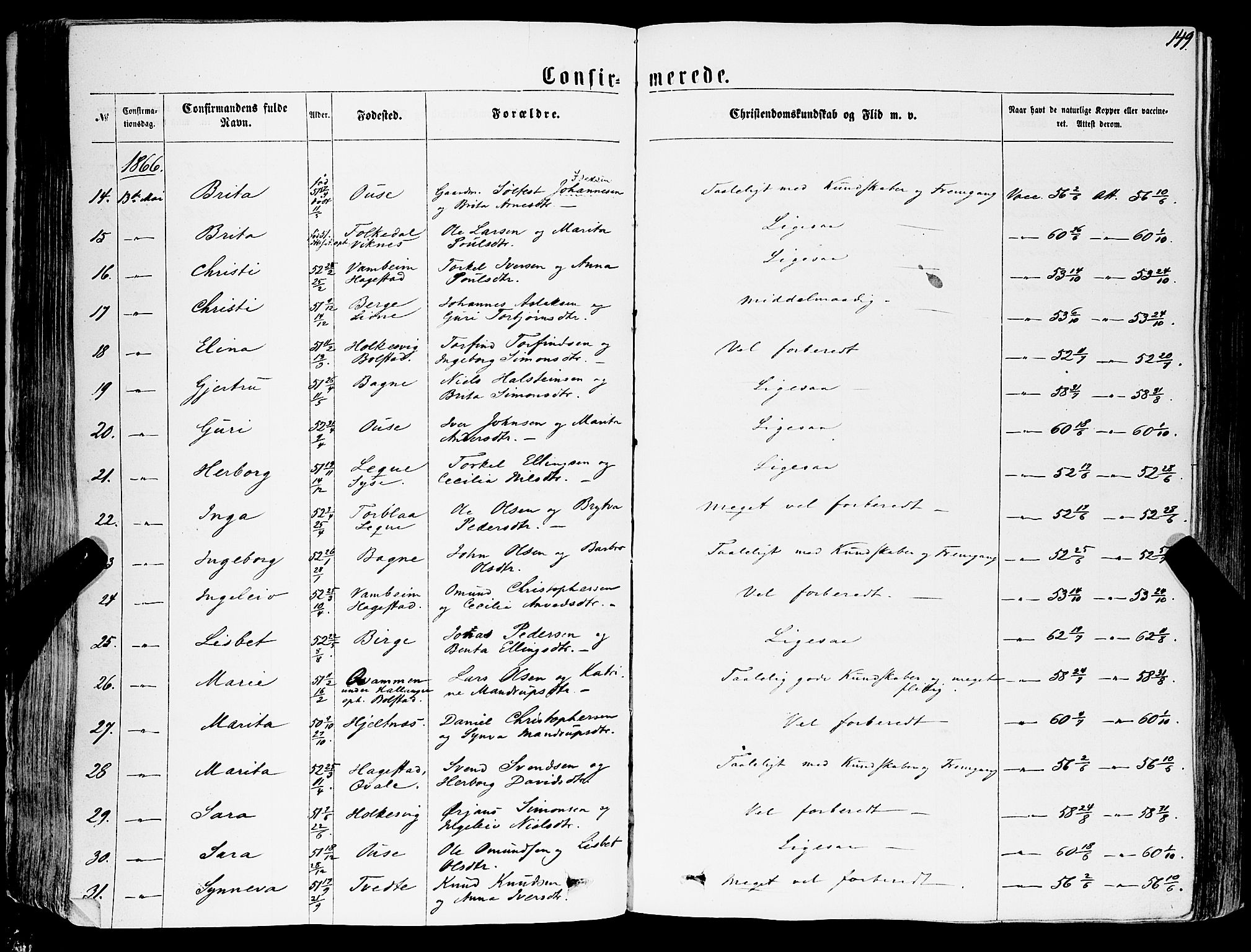 Ulvik sokneprestembete, AV/SAB-A-78801/H/Haa: Parish register (official) no. A 15, 1864-1878, p. 149