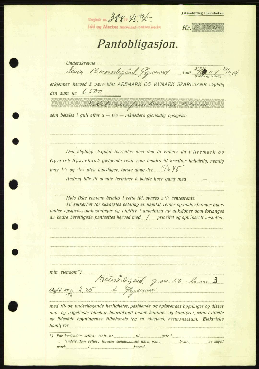 Idd og Marker sorenskriveri, AV/SAO-A-10283/G/Gb/Gbc/L0002: Mortgage book no. B4-9a, 1939-1945, Diary no: : 388/1945