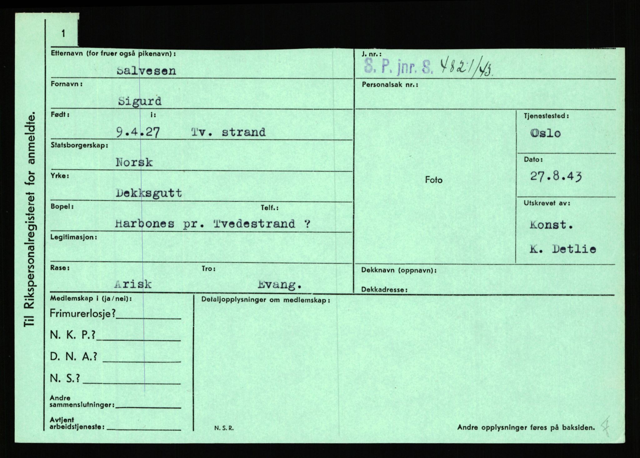 Statspolitiet - Hovedkontoret / Osloavdelingen, AV/RA-S-1329/C/Ca/L0013: Raa - Servold, 1943-1945, p. 3434