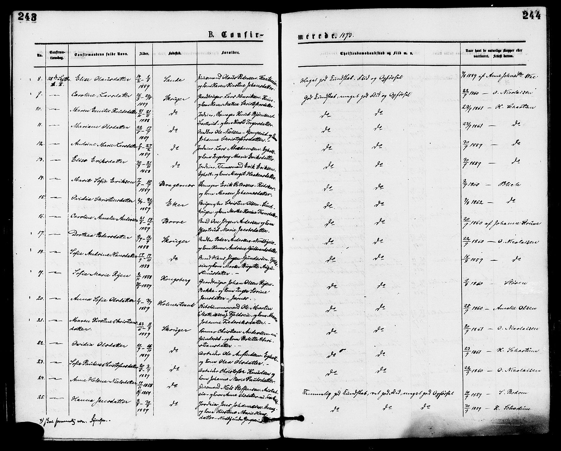 Skoger kirkebøker, AV/SAKO-A-59/F/Fa/L0005: Parish register (official) no. I 5, 1873-1884, p. 243-244