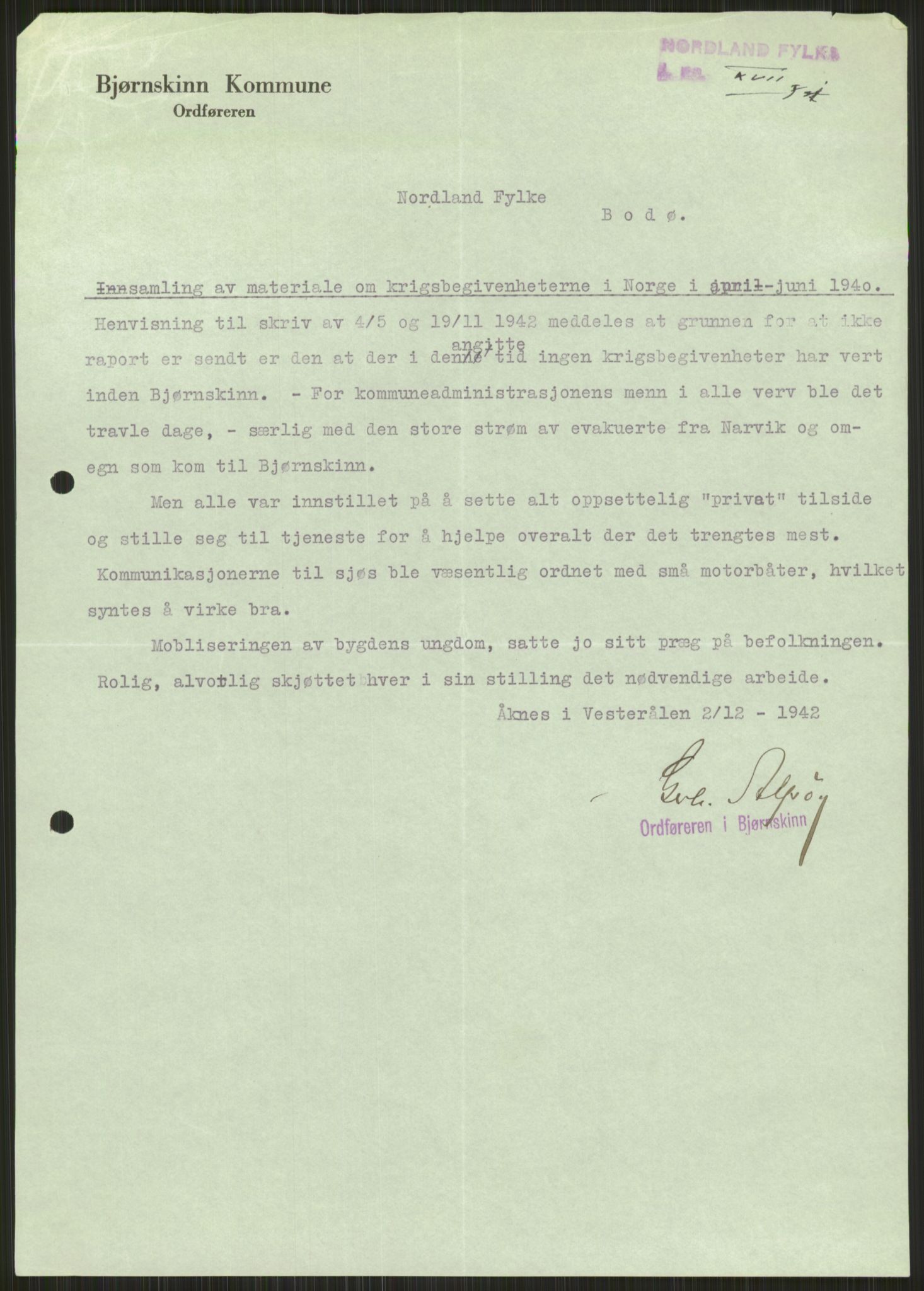 Forsvaret, Forsvarets krigshistoriske avdeling, AV/RA-RAFA-2017/Y/Ya/L0017: II-C-11-31 - Fylkesmenn.  Rapporter om krigsbegivenhetene 1940., 1940, p. 50