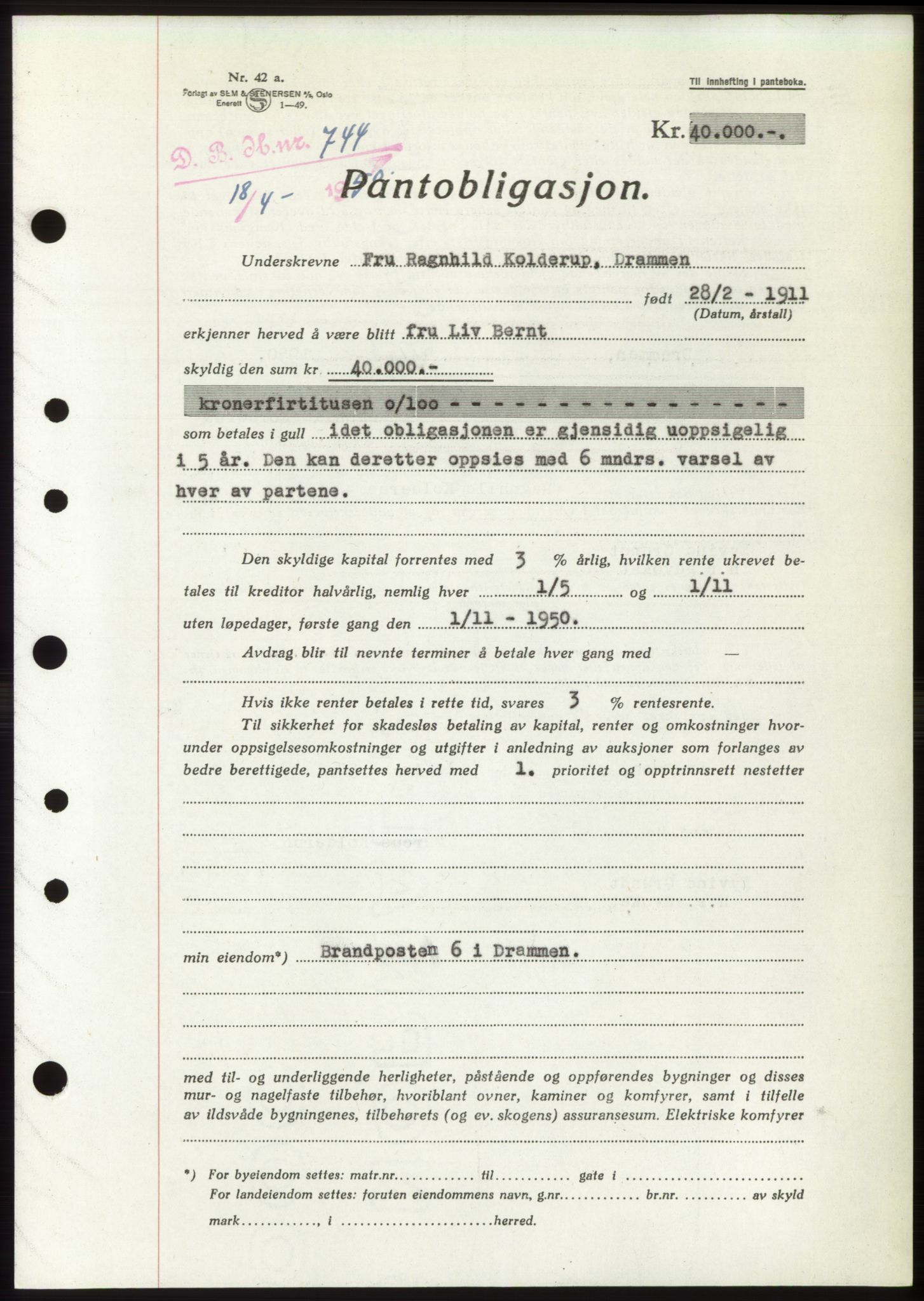 Drammen byfogd, AV/SAKO-A-222/G/Ga/Gad/L0010: Mortgage book no. B10, 1950-1950, Diary no: : 744/1950