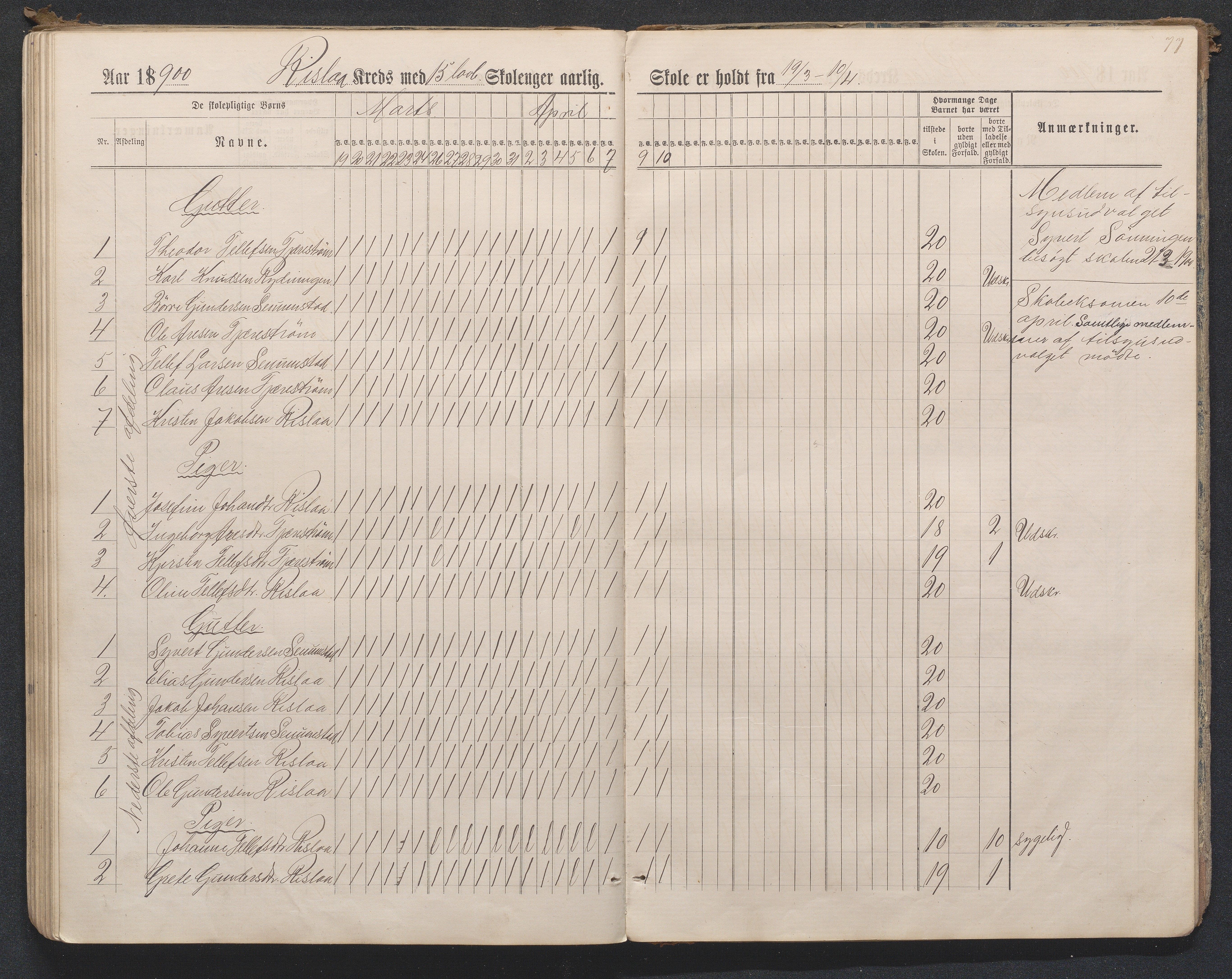 Birkenes kommune, Flå, Senumstad og Rislå skolekretser frem til 1991, AAMA/KA0928-550b_91/F02/L0001: Dagbok for Flå og Rislå, 1886-1900, p. 77