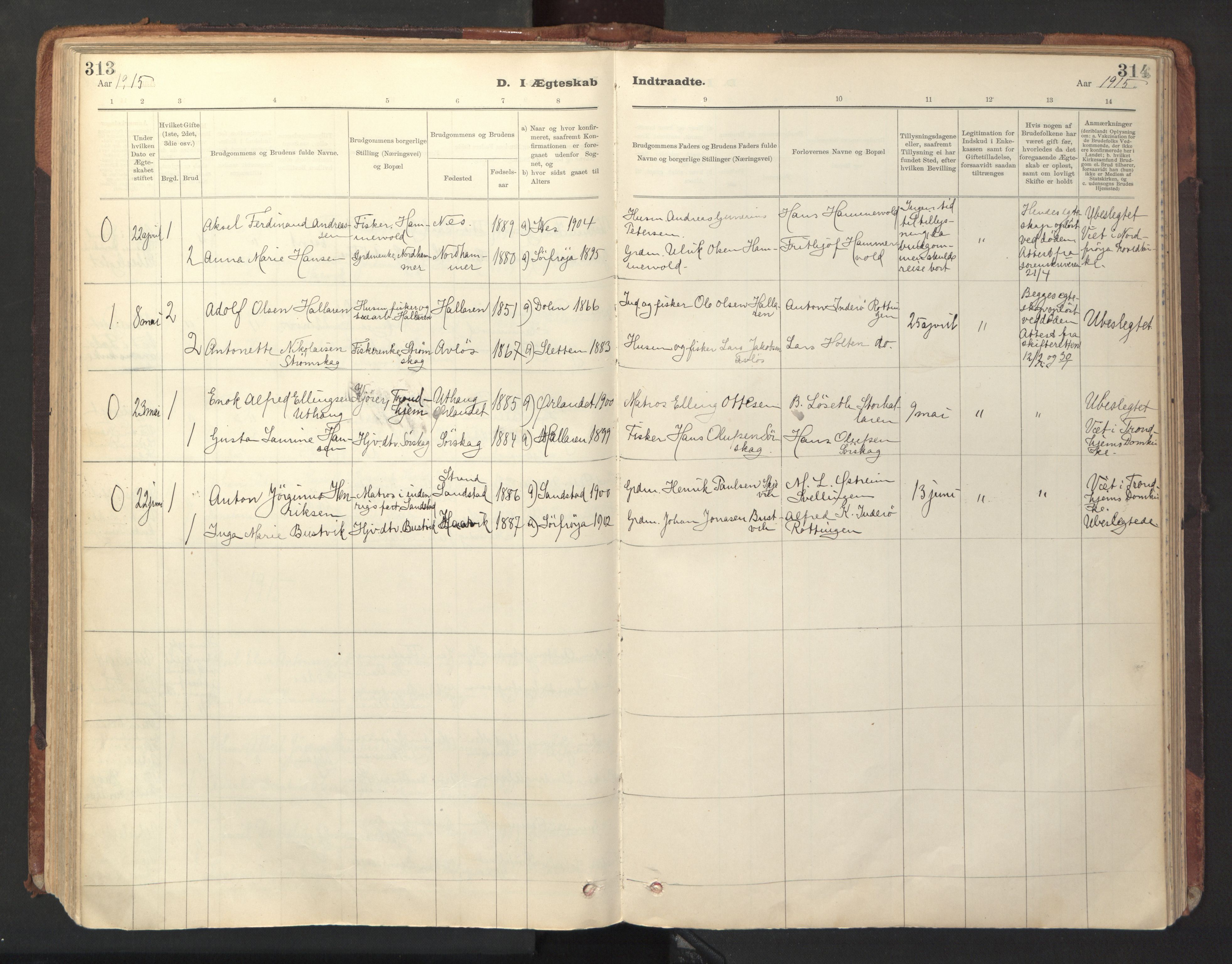 Ministerialprotokoller, klokkerbøker og fødselsregistre - Sør-Trøndelag, SAT/A-1456/641/L0596: Parish register (official) no. 641A02, 1898-1915, p. 313-314