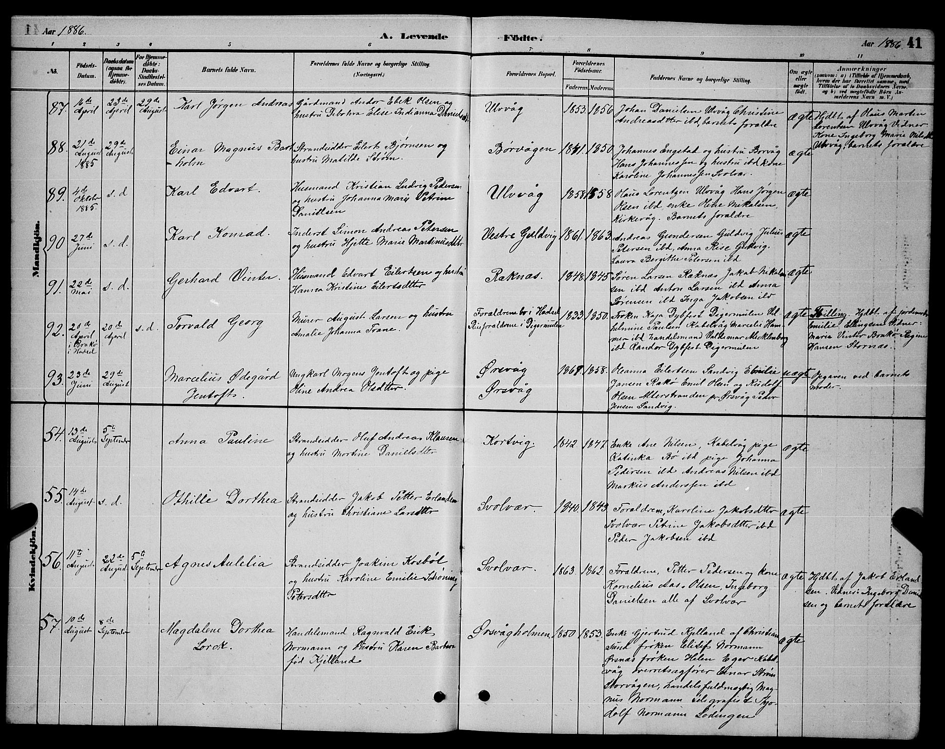 Ministerialprotokoller, klokkerbøker og fødselsregistre - Nordland, SAT/A-1459/874/L1076: Parish register (copy) no. 874C05, 1884-1890, p. 41