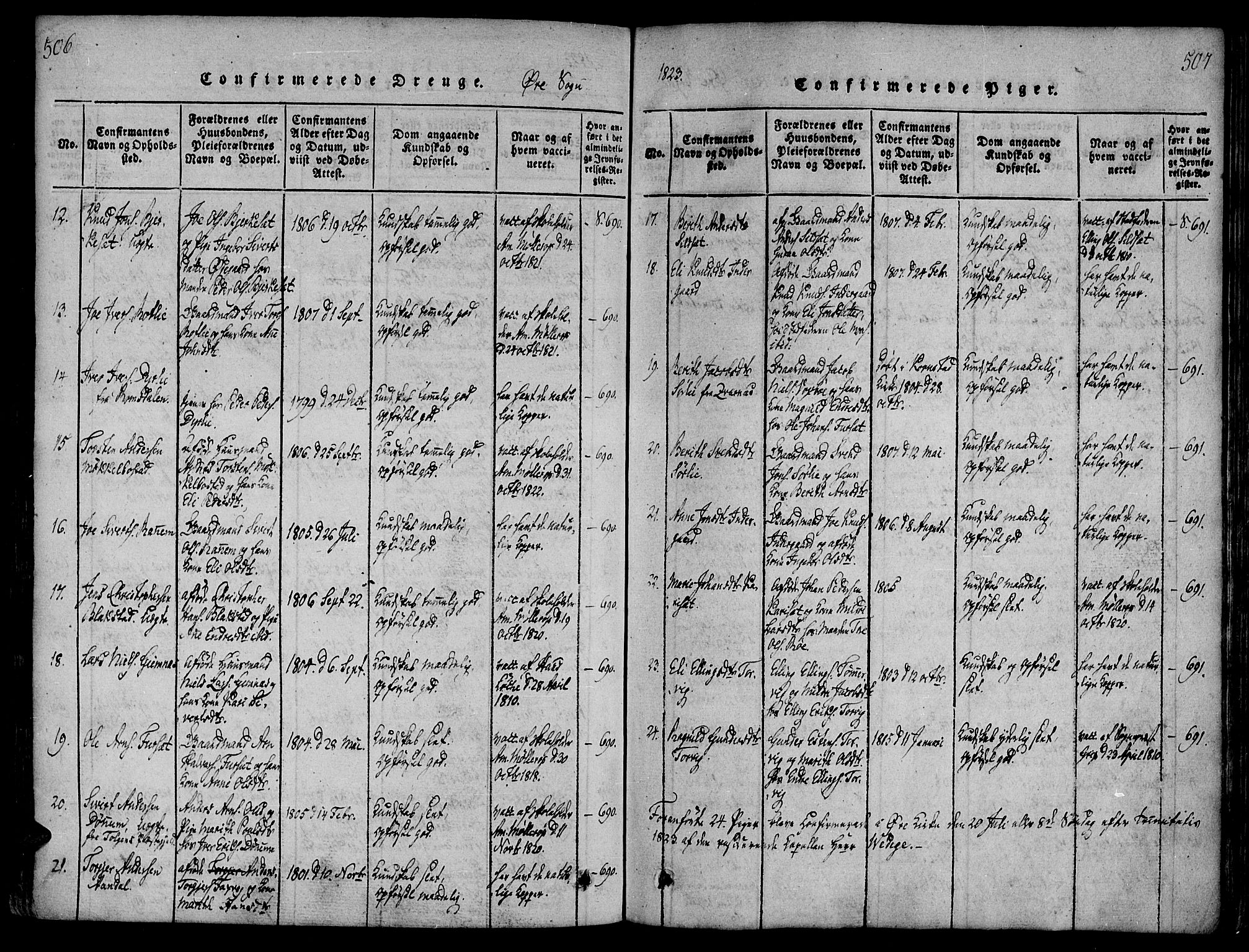 Ministerialprotokoller, klokkerbøker og fødselsregistre - Møre og Romsdal, AV/SAT-A-1454/586/L0982: Parish register (official) no. 586A08, 1819-1829, p. 506-507