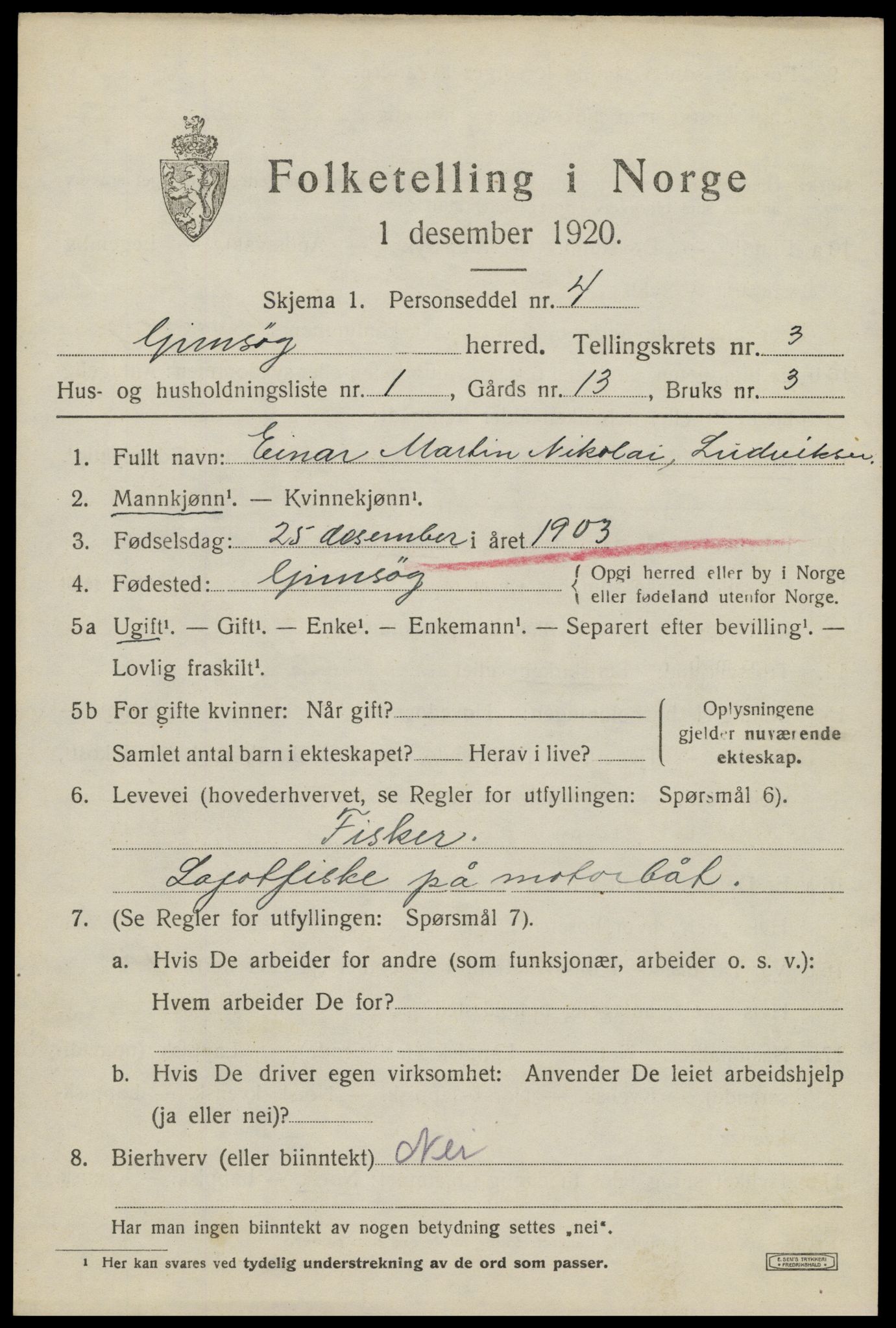 SAT, 1920 census for Gimsøy, 1920, p. 1657