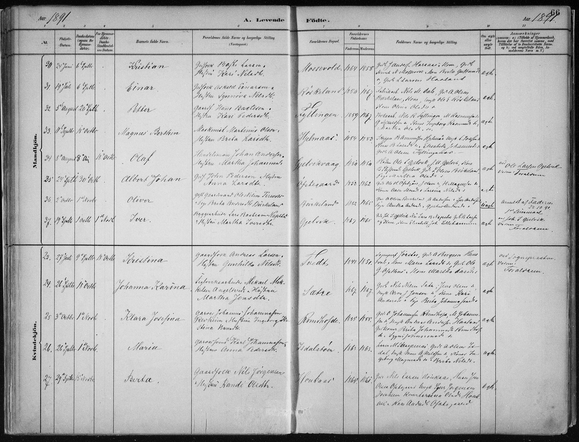 Hamre sokneprestembete, AV/SAB-A-75501/H/Ha/Haa/Haab/L0001: Parish register (official) no. B  1, 1882-1905, p. 66