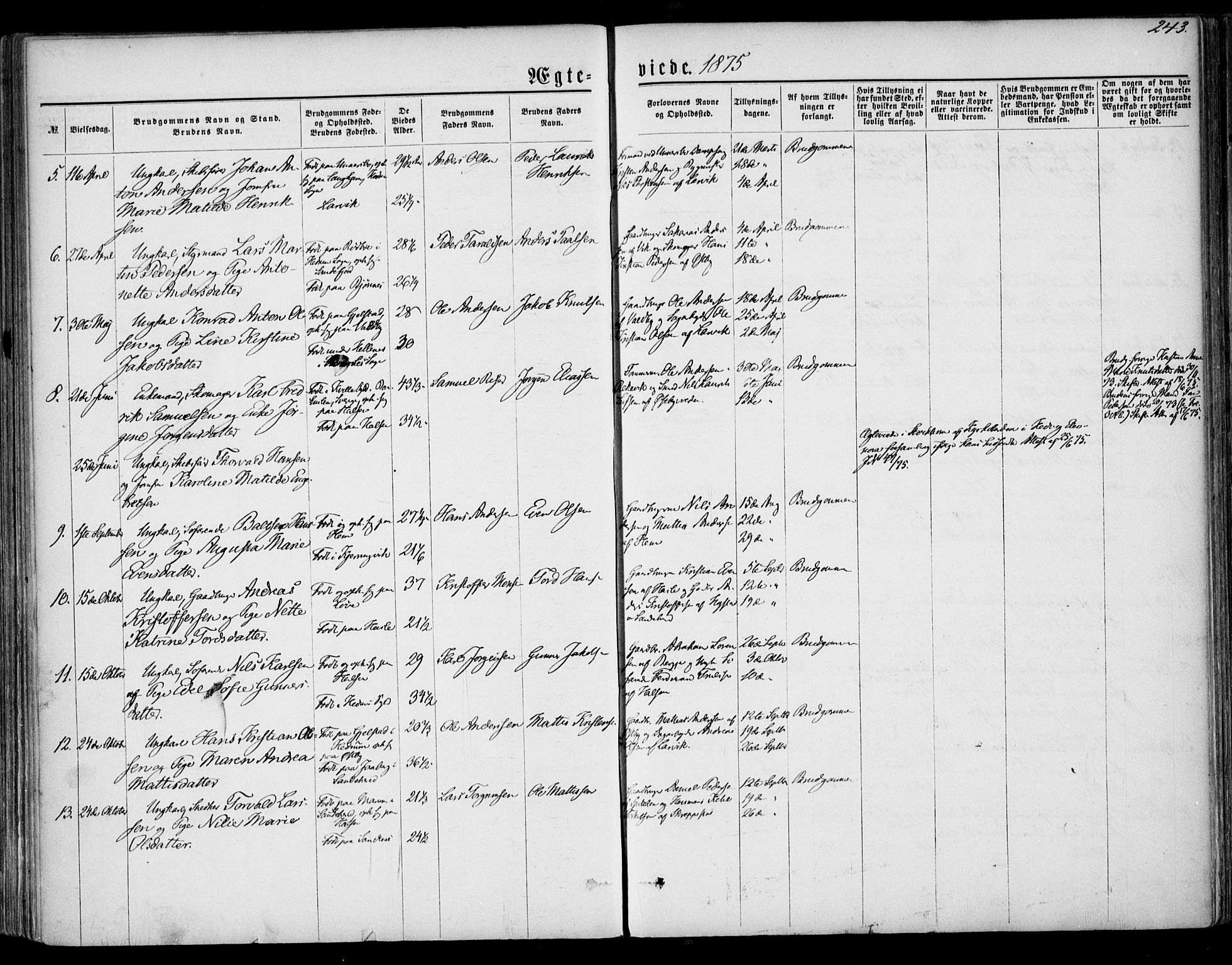 Tjølling kirkebøker, AV/SAKO-A-60/F/Fa/L0007: Parish register (official) no. 7, 1860-1876, p. 243