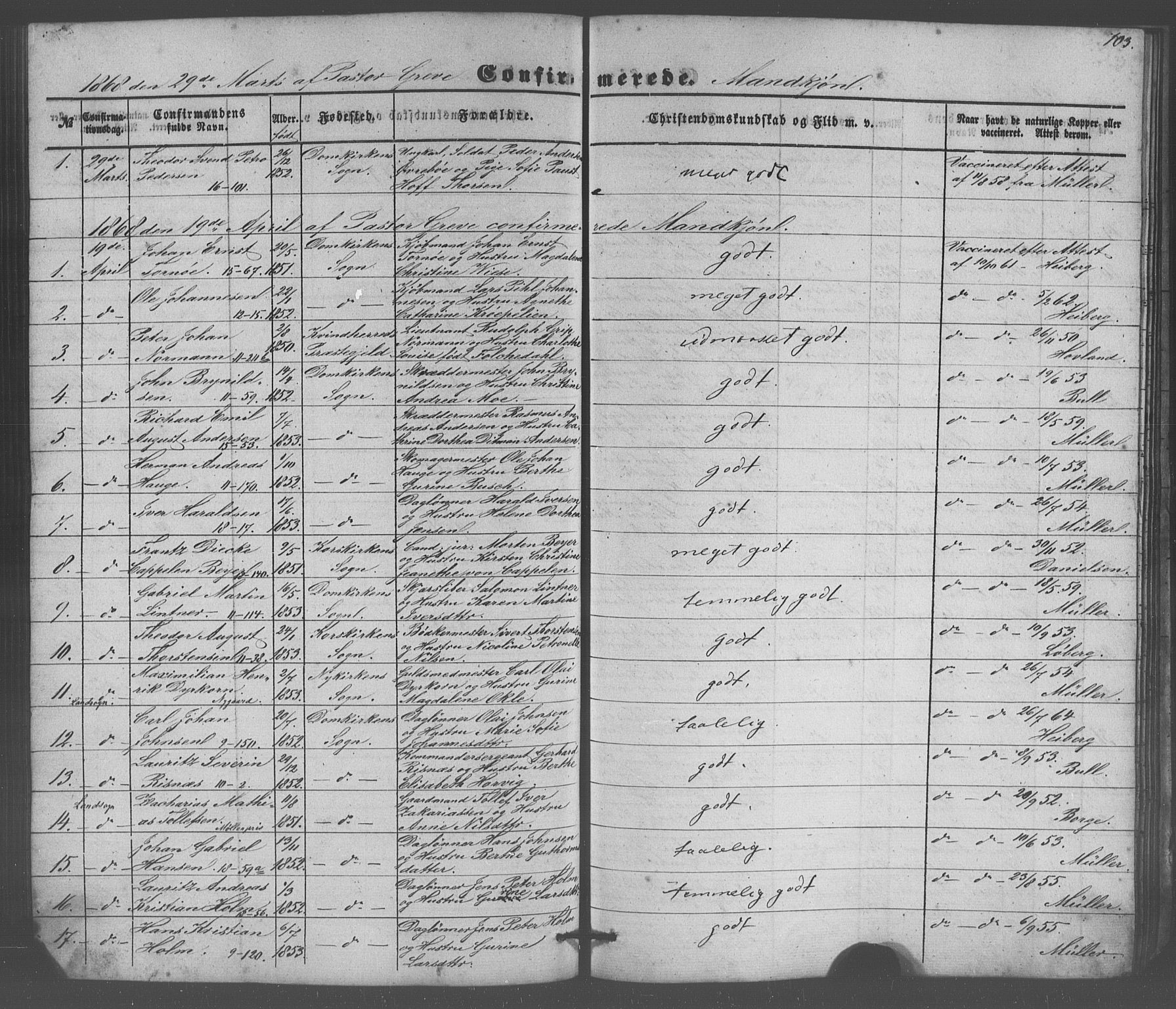 Domkirken sokneprestembete, SAB/A-74801/H/Haa/L0064: Curate's parish register no. A 2, 1850-1872, p. 103