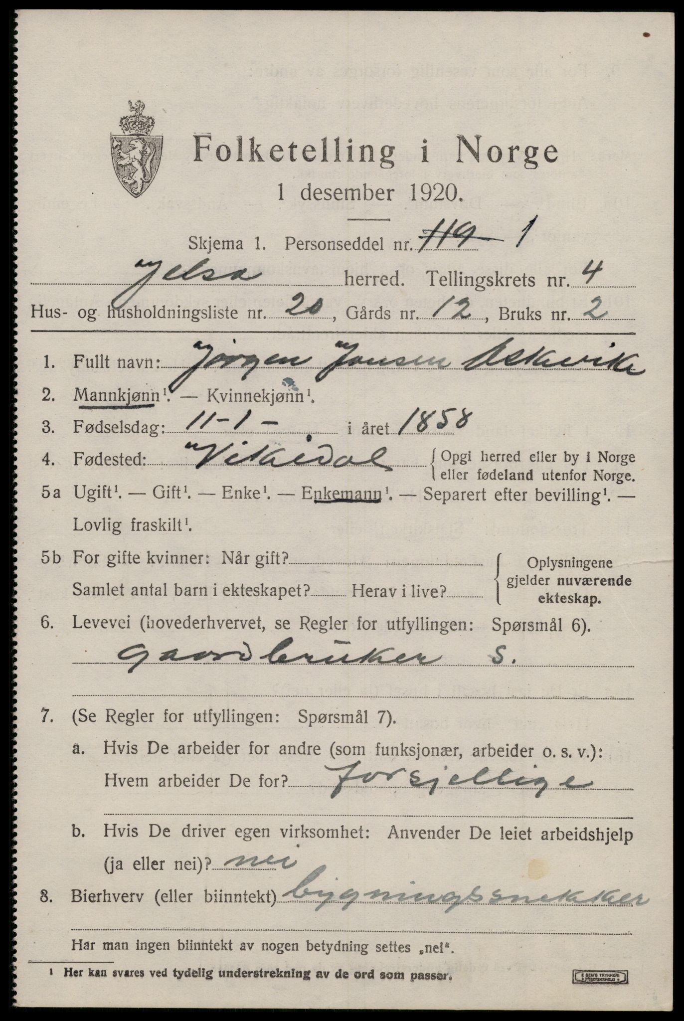 SAST, 1920 census for Jelsa, 1920, p. 1414