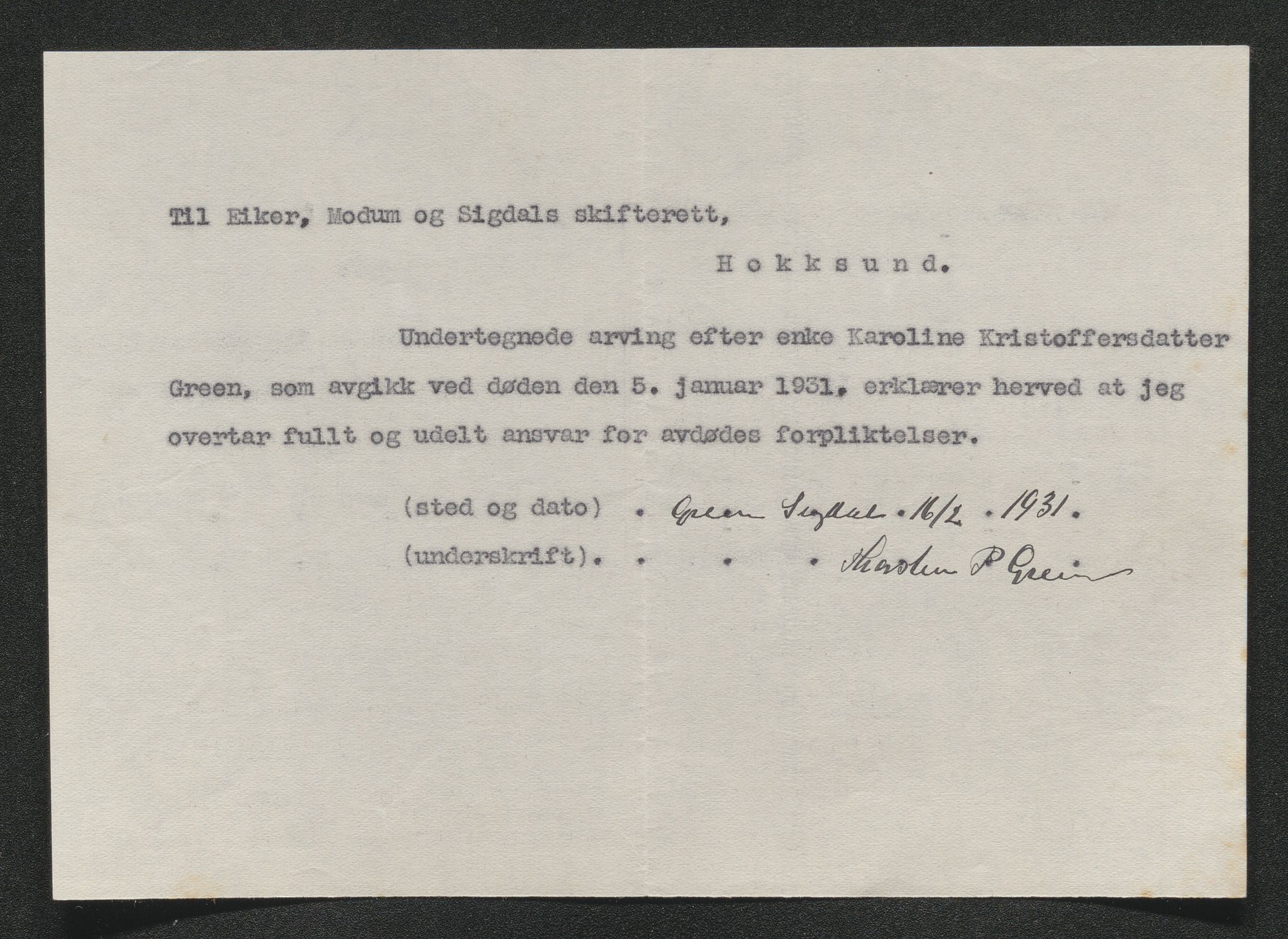 Eiker, Modum og Sigdal sorenskriveri, AV/SAKO-A-123/H/Ha/Hab/L0046: Dødsfallsmeldinger, 1930-1931, p. 650