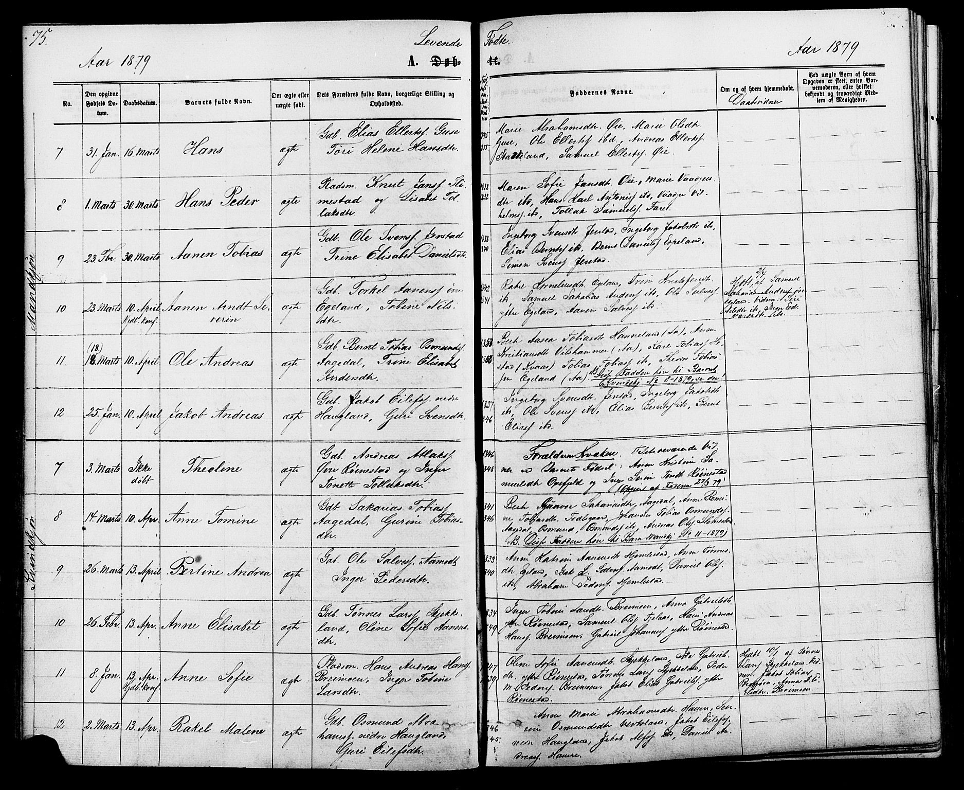 Kvinesdal sokneprestkontor, SAK/1111-0026/F/Fa/Fab/L0007: Parish register (official) no. A 7, 1870-1885, p. 75
