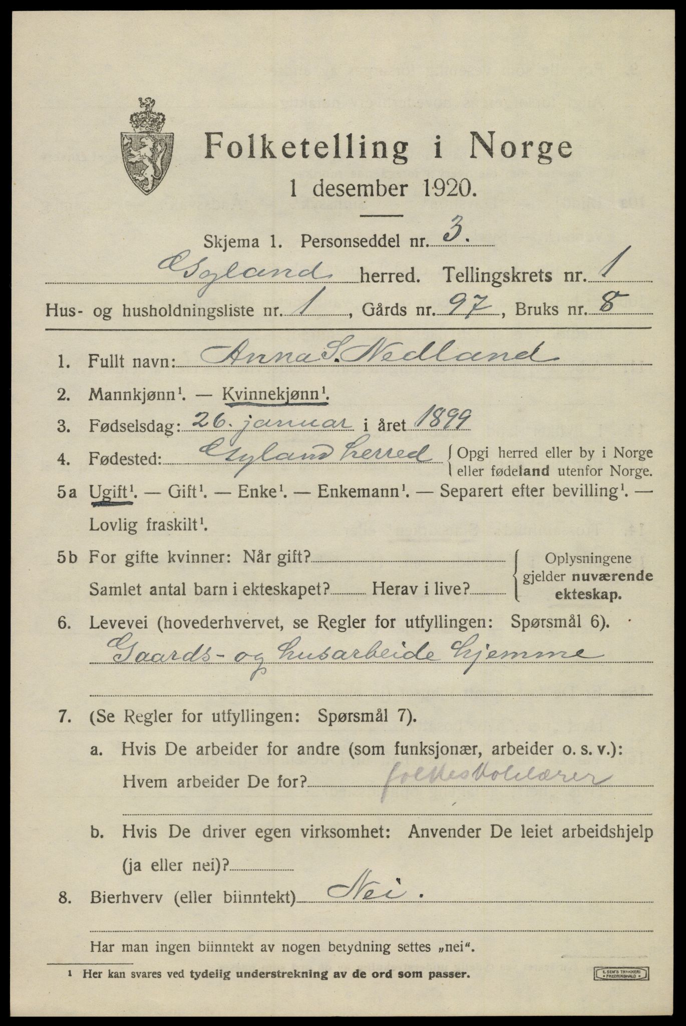 SAK, 1920 census for Gyland, 1920, p. 456