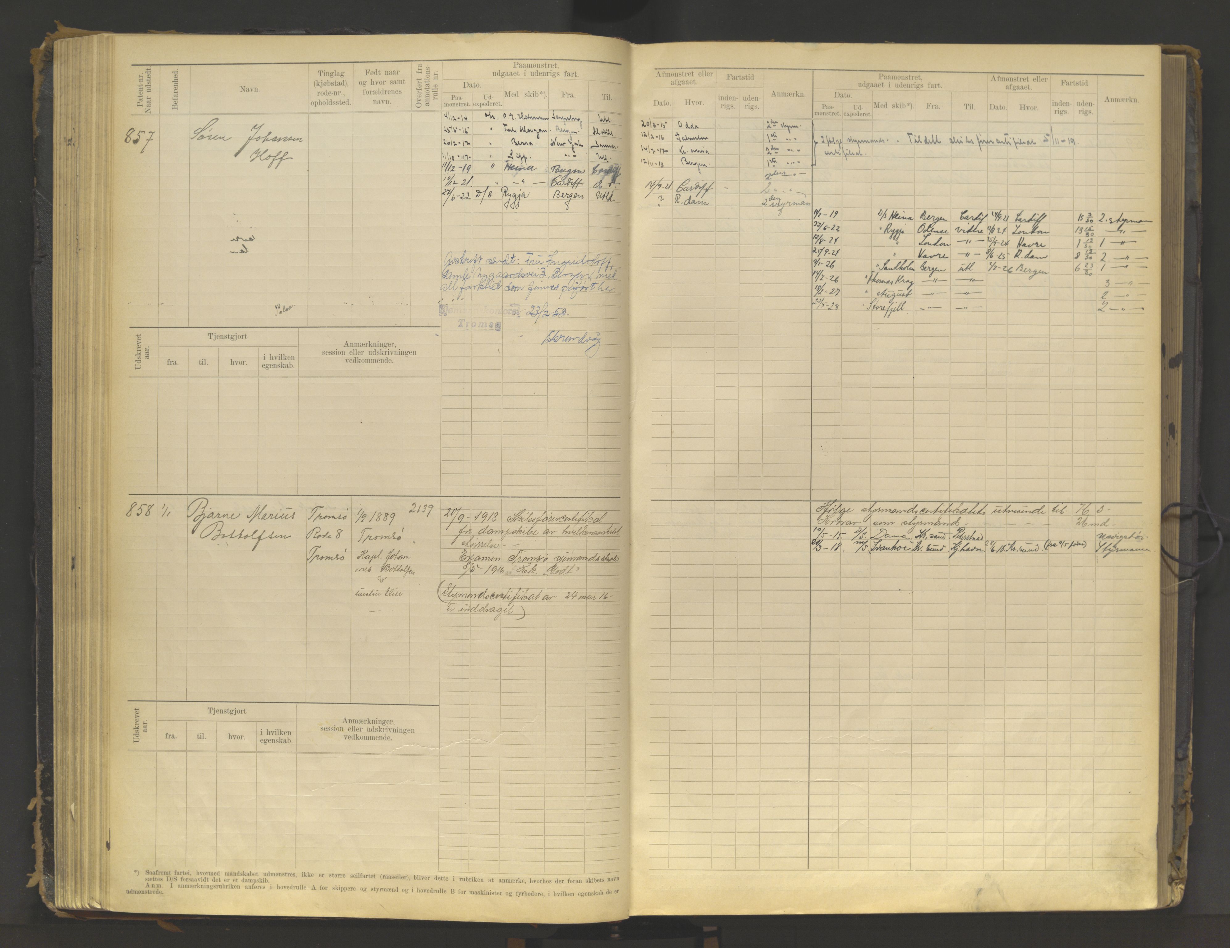 Tromsø sjømannskontor/innrullerings-/mønstringsdistrikt, AV/SATØ-S-0243/F/Fb/L0015: Sjøfartsrulle (hovedrulle). Defekt: løs rygg Nr. 621-860, 1905-1925